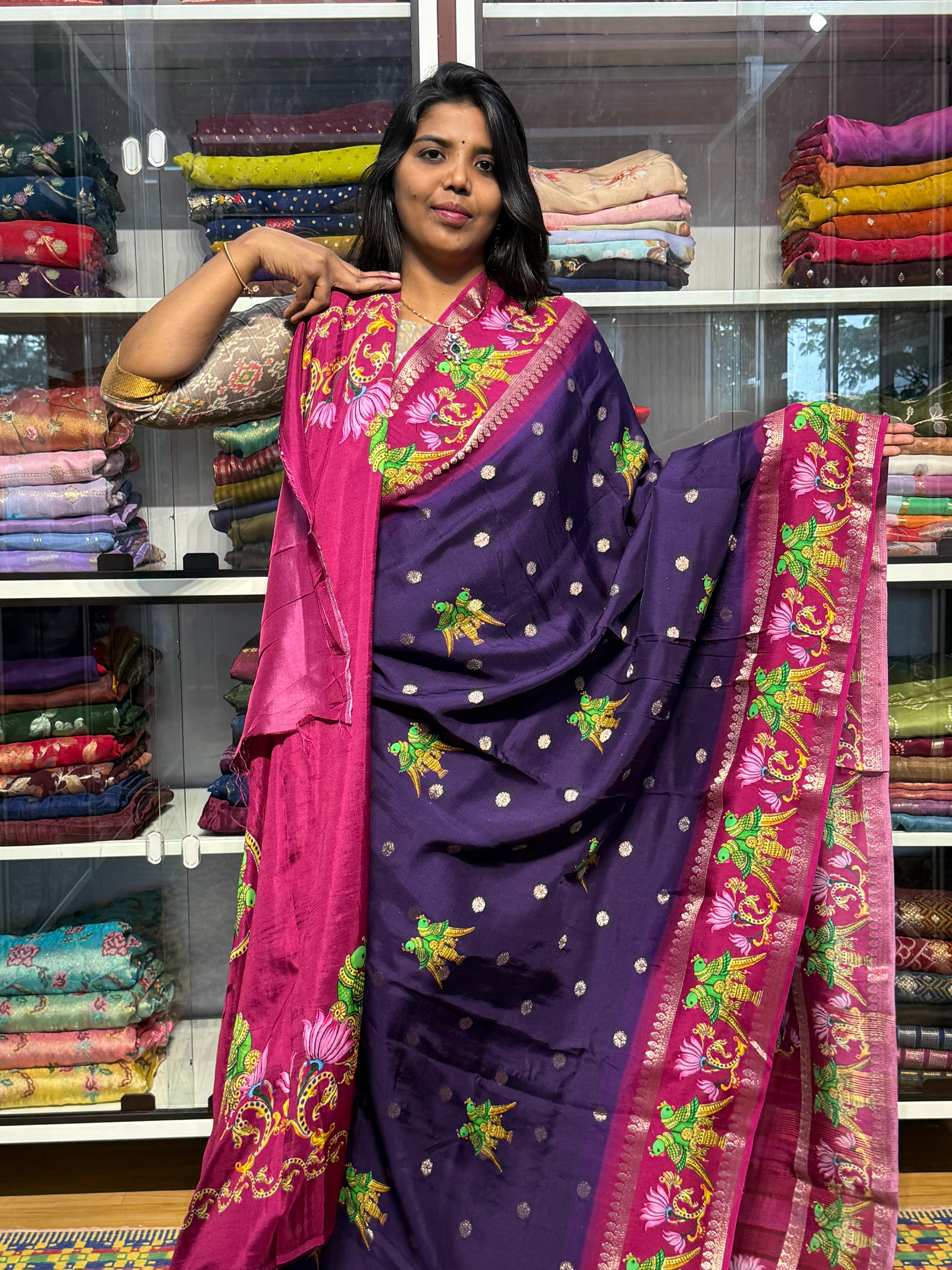 RUSSIAN CREPE SILK WITH TANJORE DIGITAL PRINT: PURPLE
