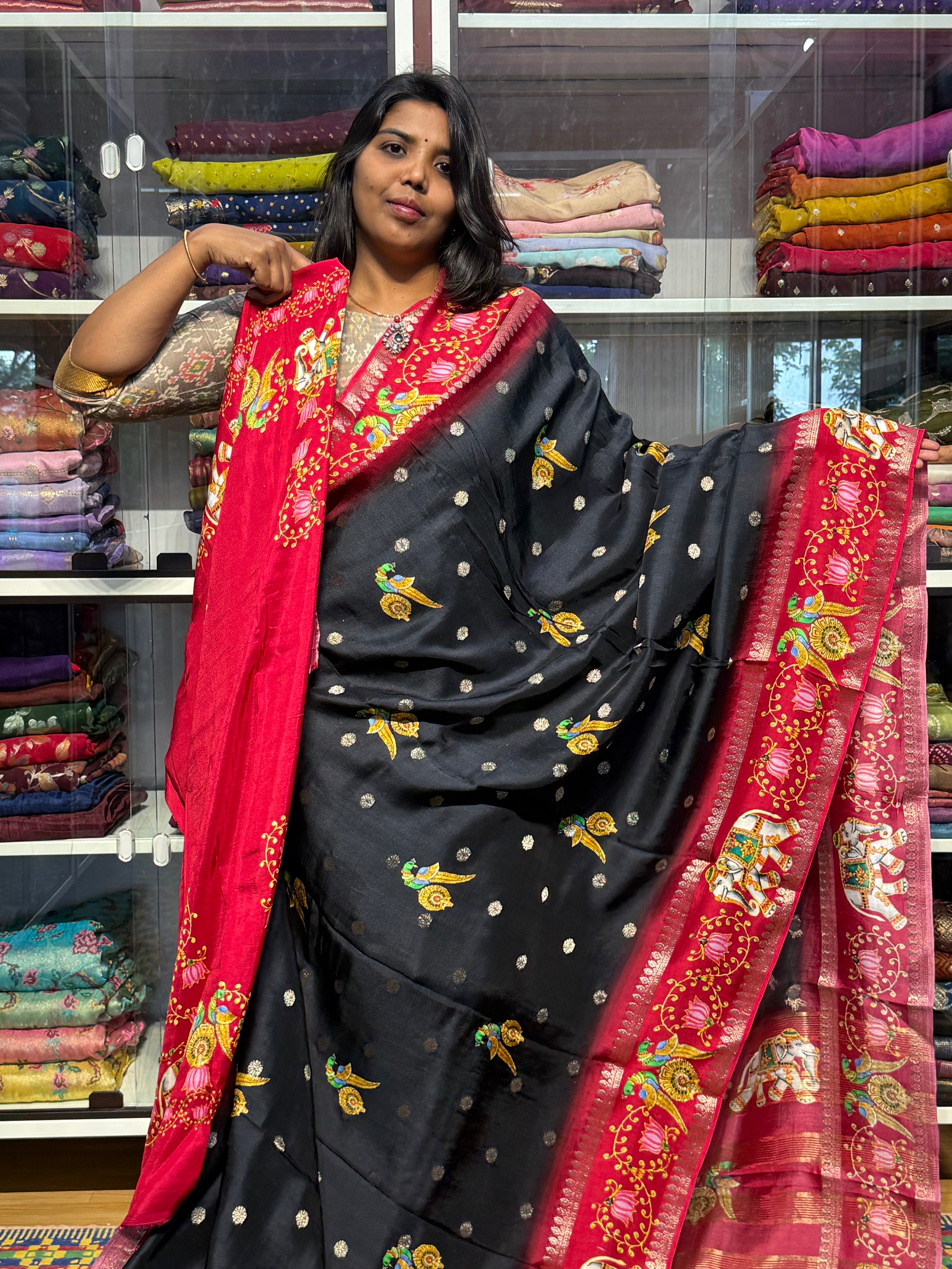RUSSIAN CREPE SILK WITH TANJORE DIGITAL PRINT: BLACK