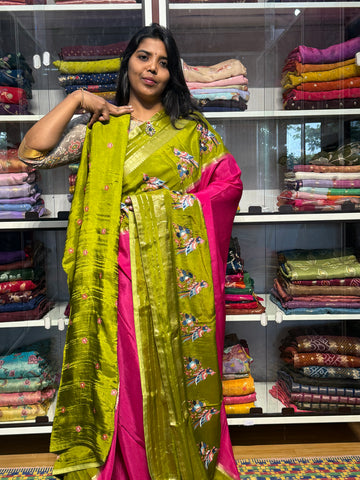 PURE CHIFFON SAREE WITH MEENA BIRDS EMBROIDERY ON BORDERS: PINK AND GREEN