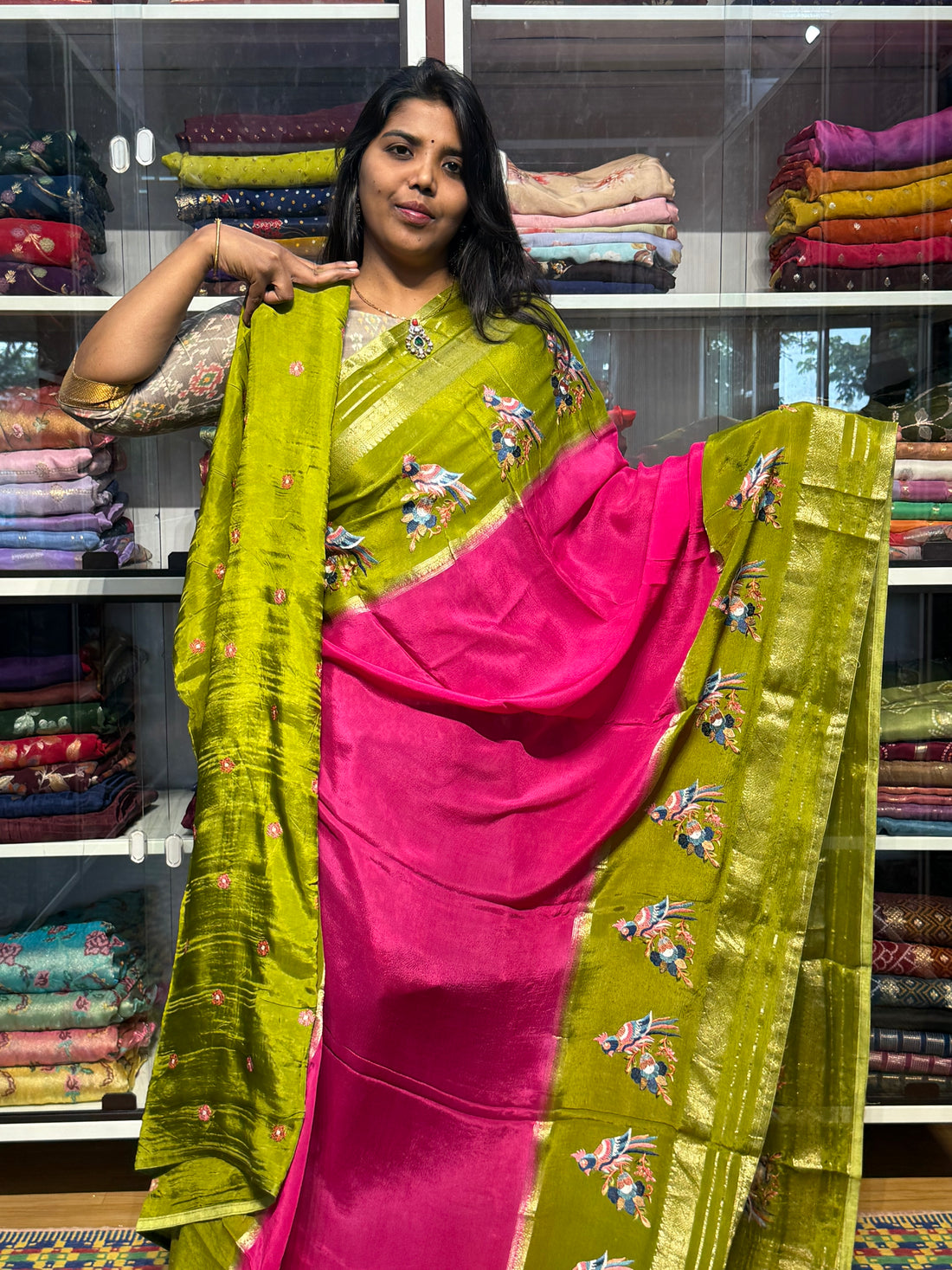 PURE CHIFFON SAREE WITH MEENA BIRDS EMBROIDERY ON BORDERS: PINK AND GREEN