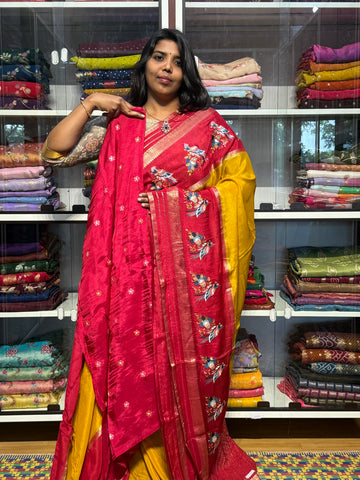 PURE CHIFFON SAREE WITH MEENA BIRDS EMBROIDERY ON BORDERS: RED AND YELLOW