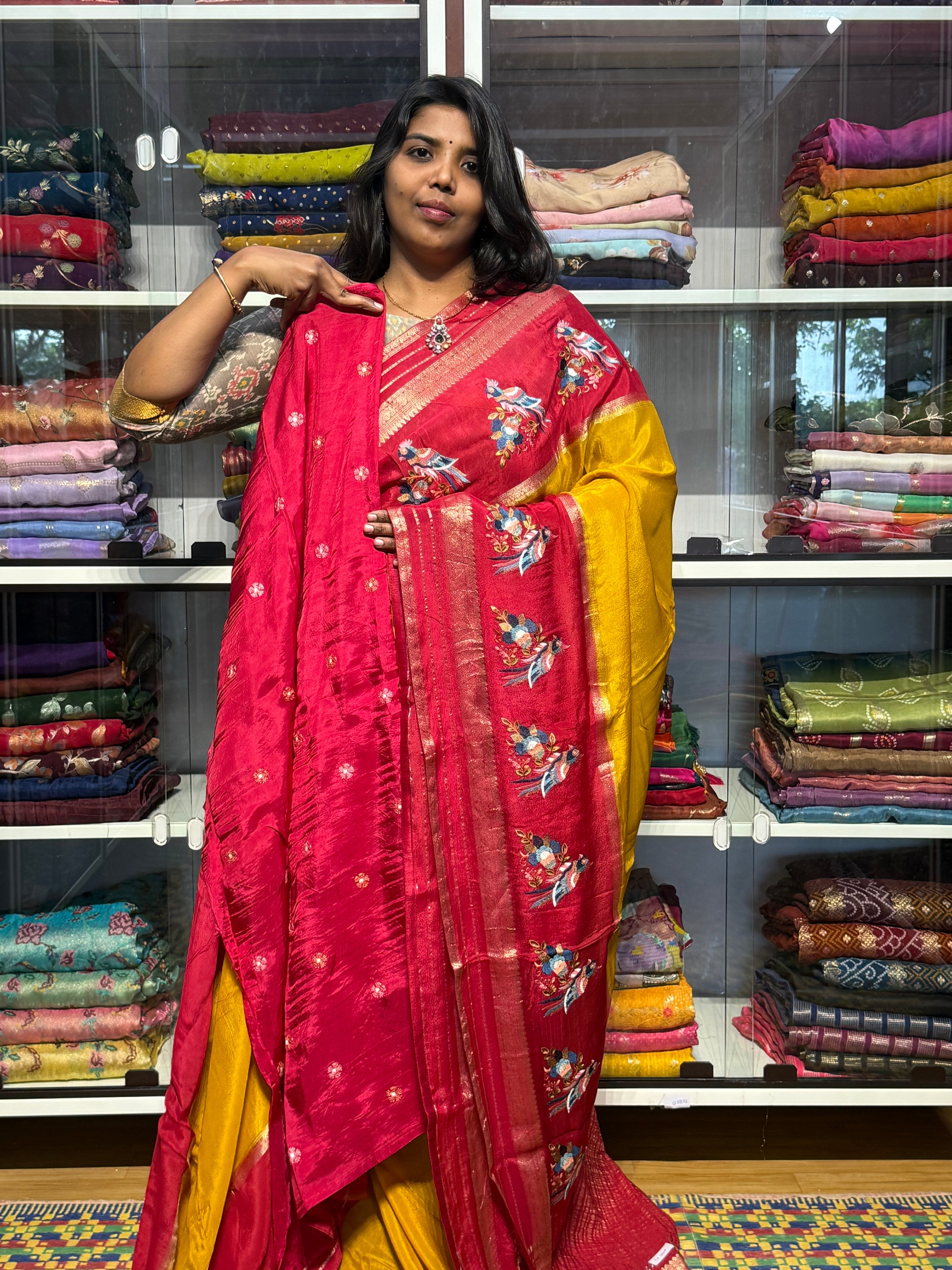 PURE CHIFFON SAREE WITH MEENA BIRDS EMBROIDERY ON BORDERS: RED AND YELLOW