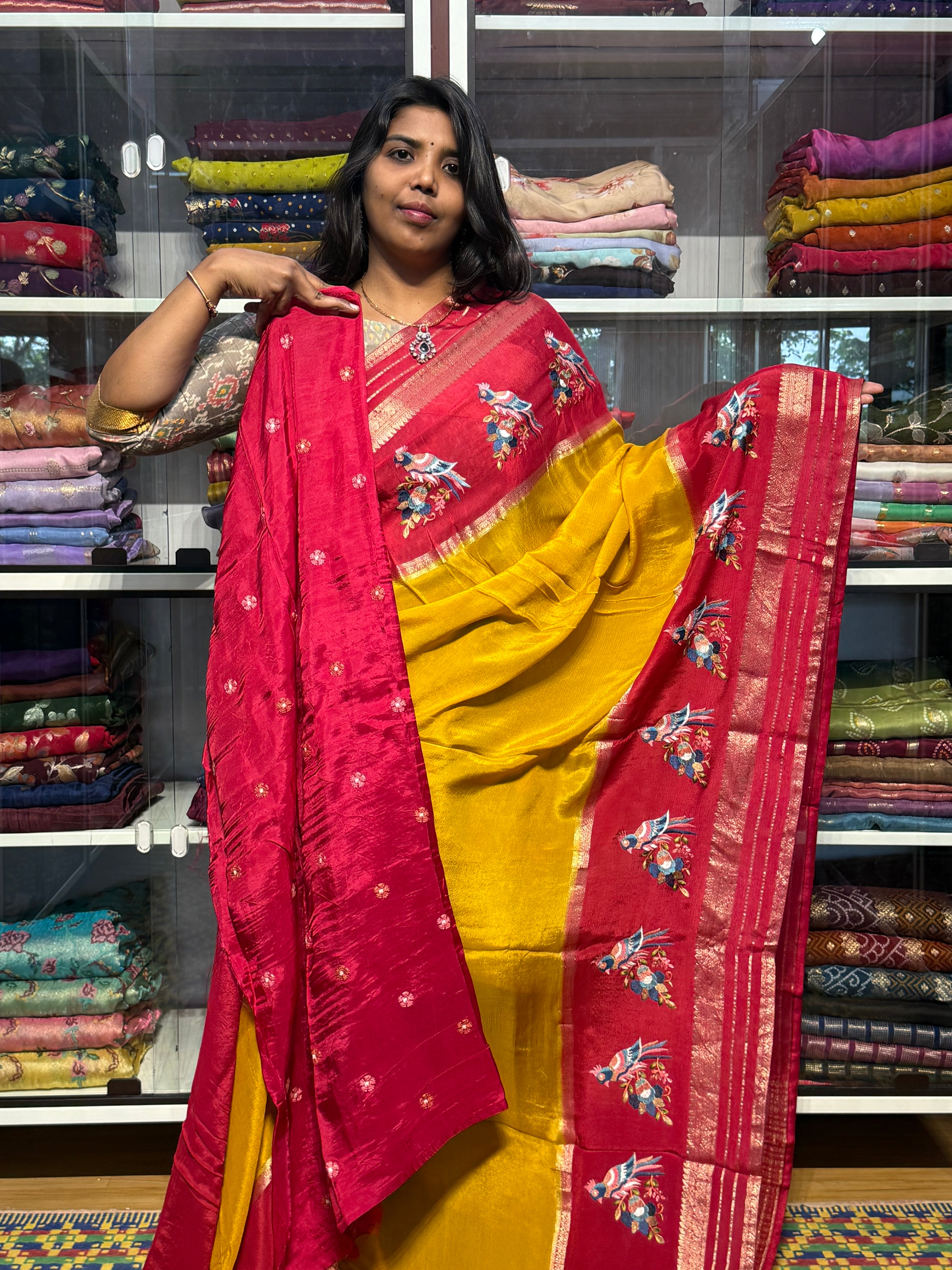 PURE CHIFFON SAREE WITH MEENA BIRDS EMBROIDERY ON BORDERS: RED AND YELLOW