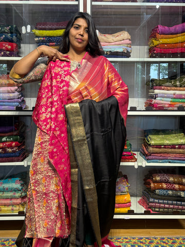 HALF TISSUE HALF SATIN SAREE: PINK AND BLACK