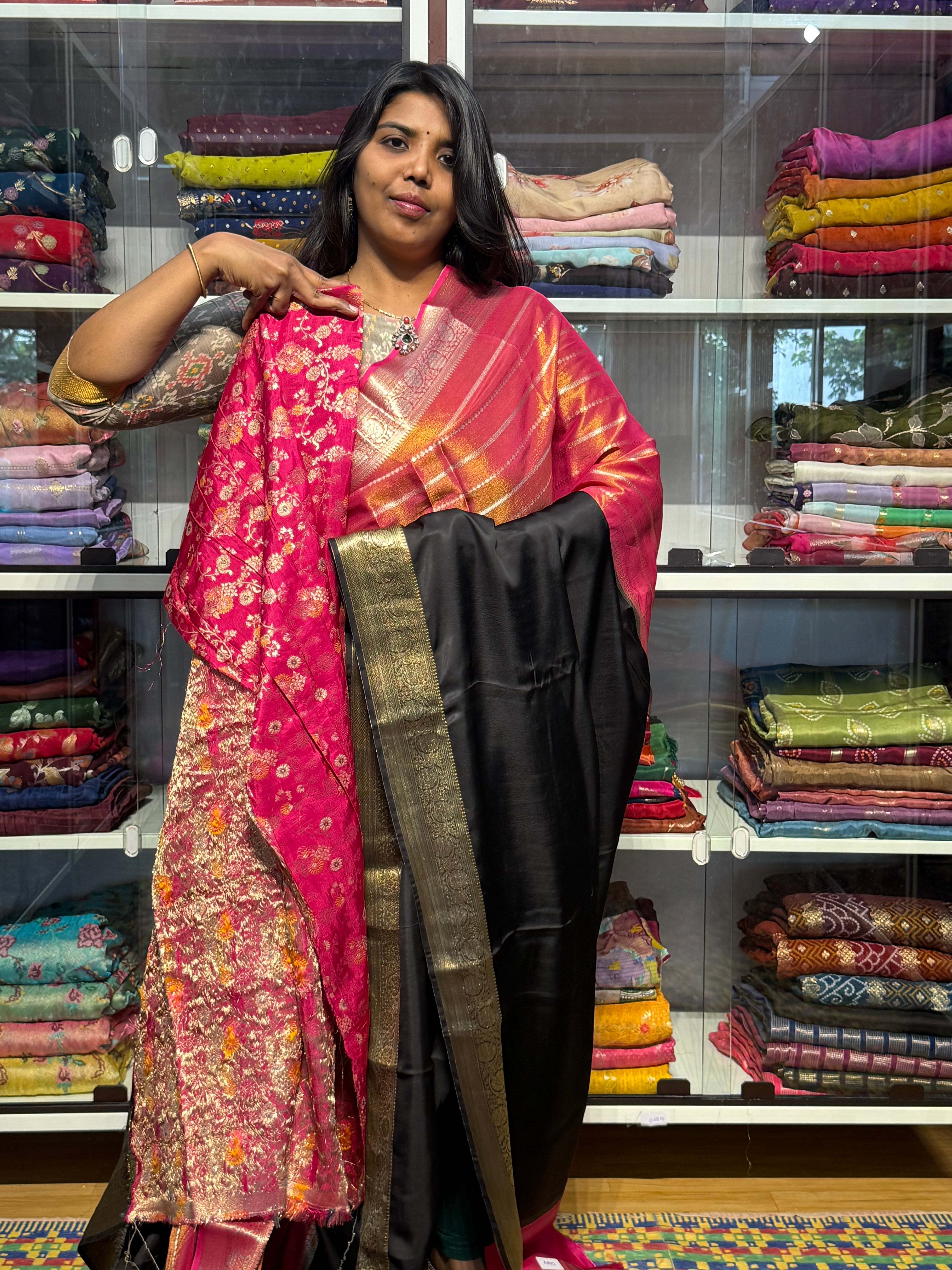 HALF TISSUE HALF SATIN SAREE: PINK AND BLACK