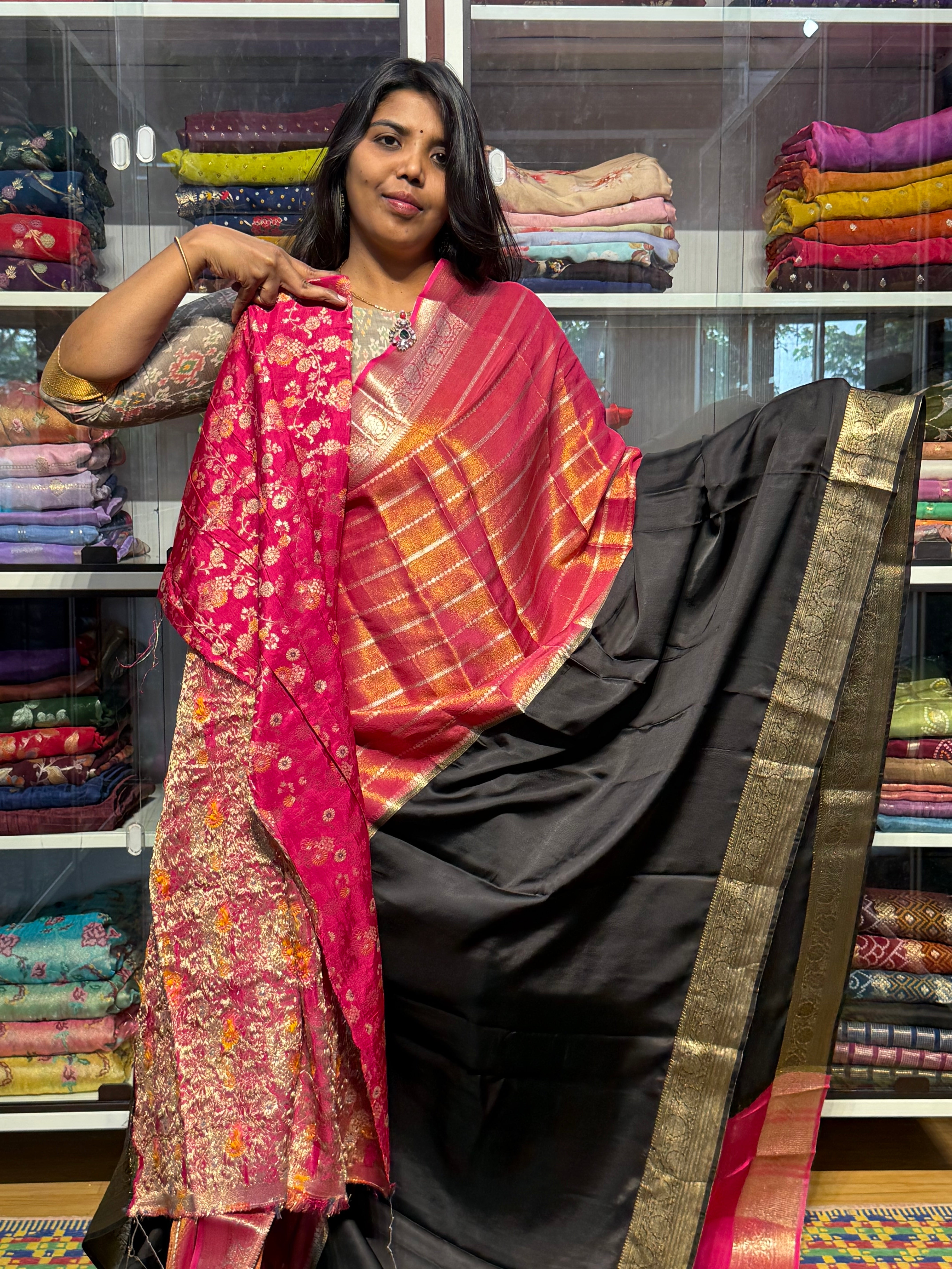 HALF TISSUE HALF SATIN SAREE: PINK AND BLACK