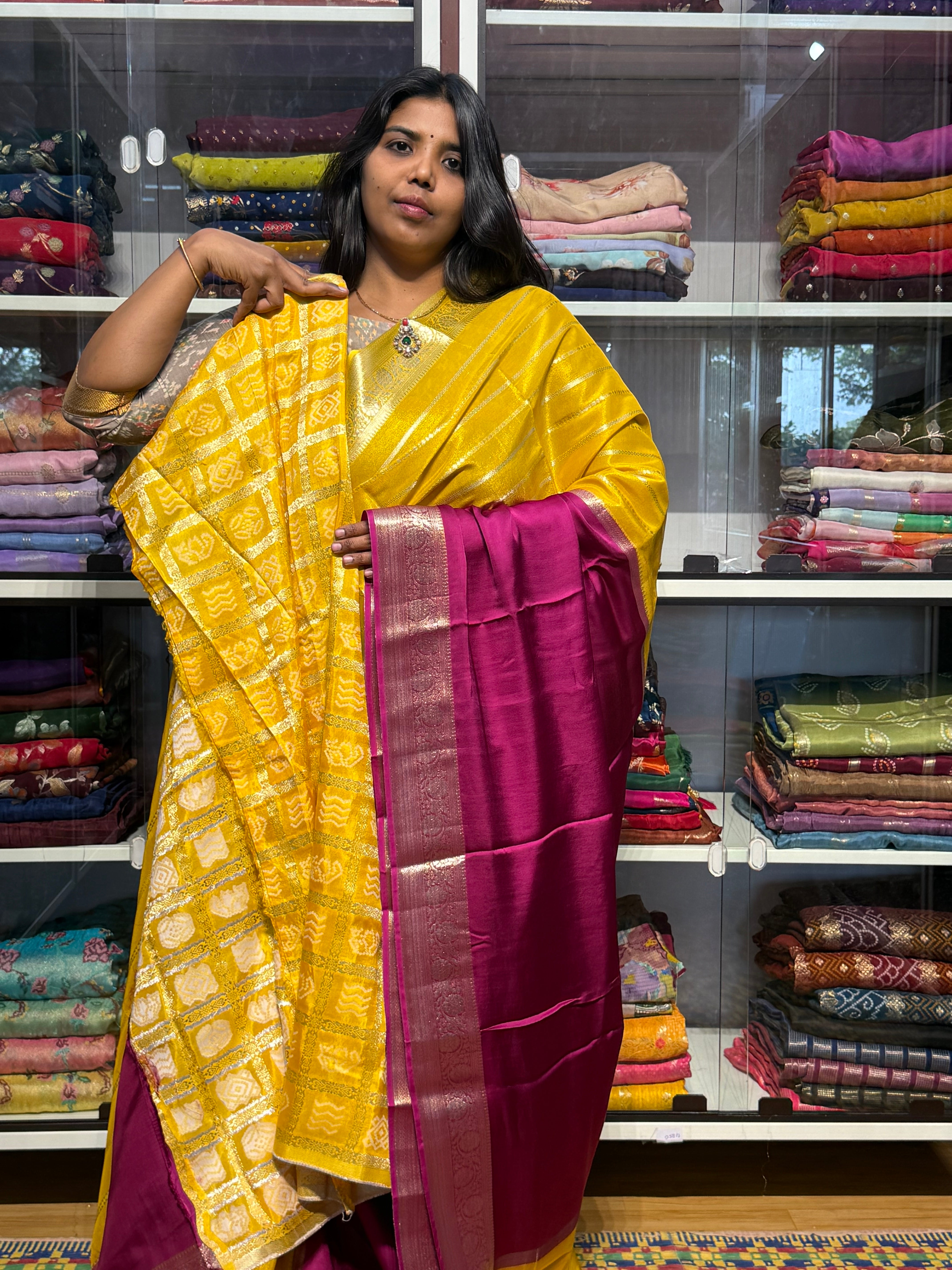 HALF TISSUE HALF SATIN SAREE: YELLOW AND MAGENTA