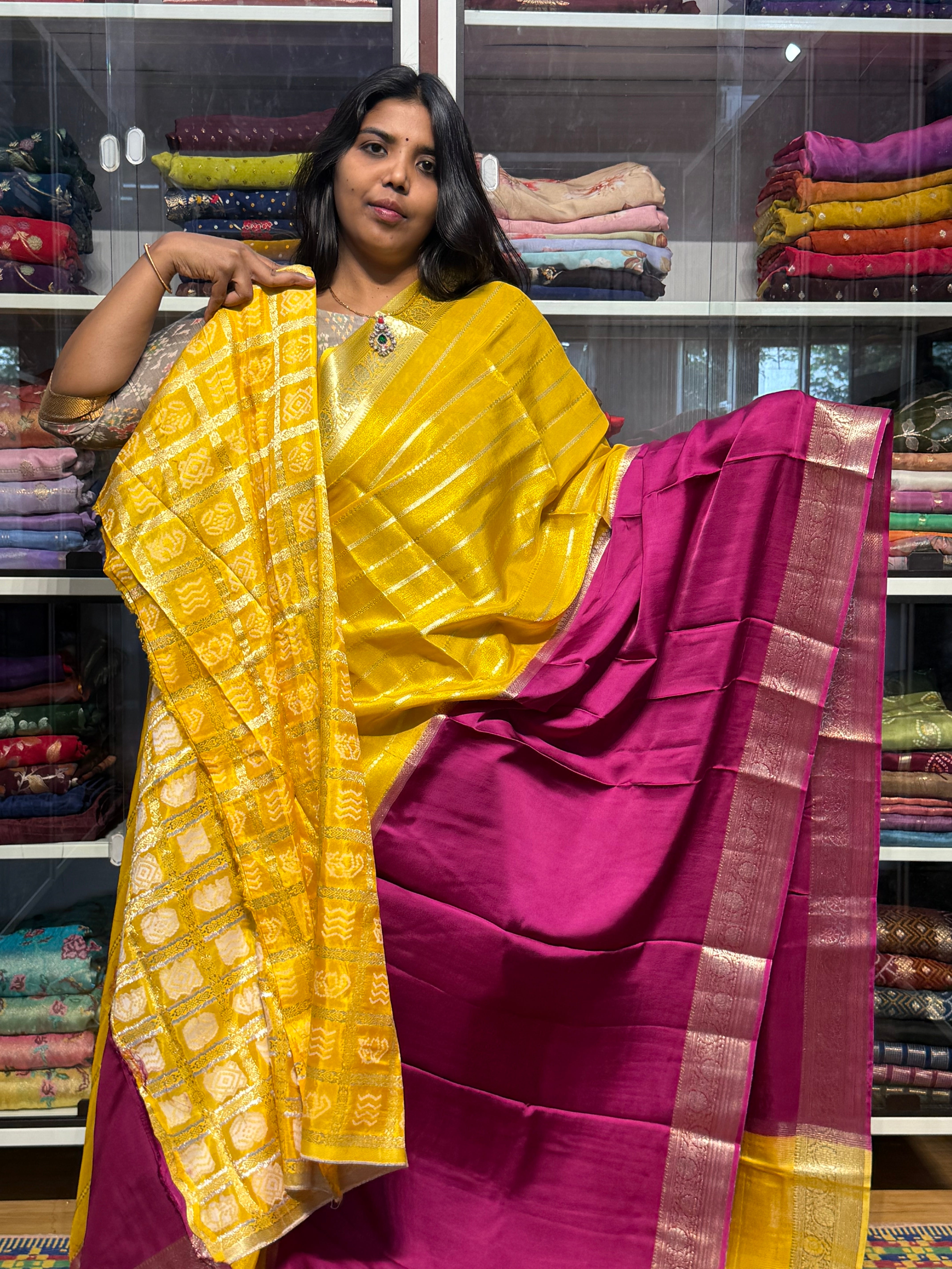 HALF TISSUE HALF SATIN SAREE: YELLOW AND MAGENTA