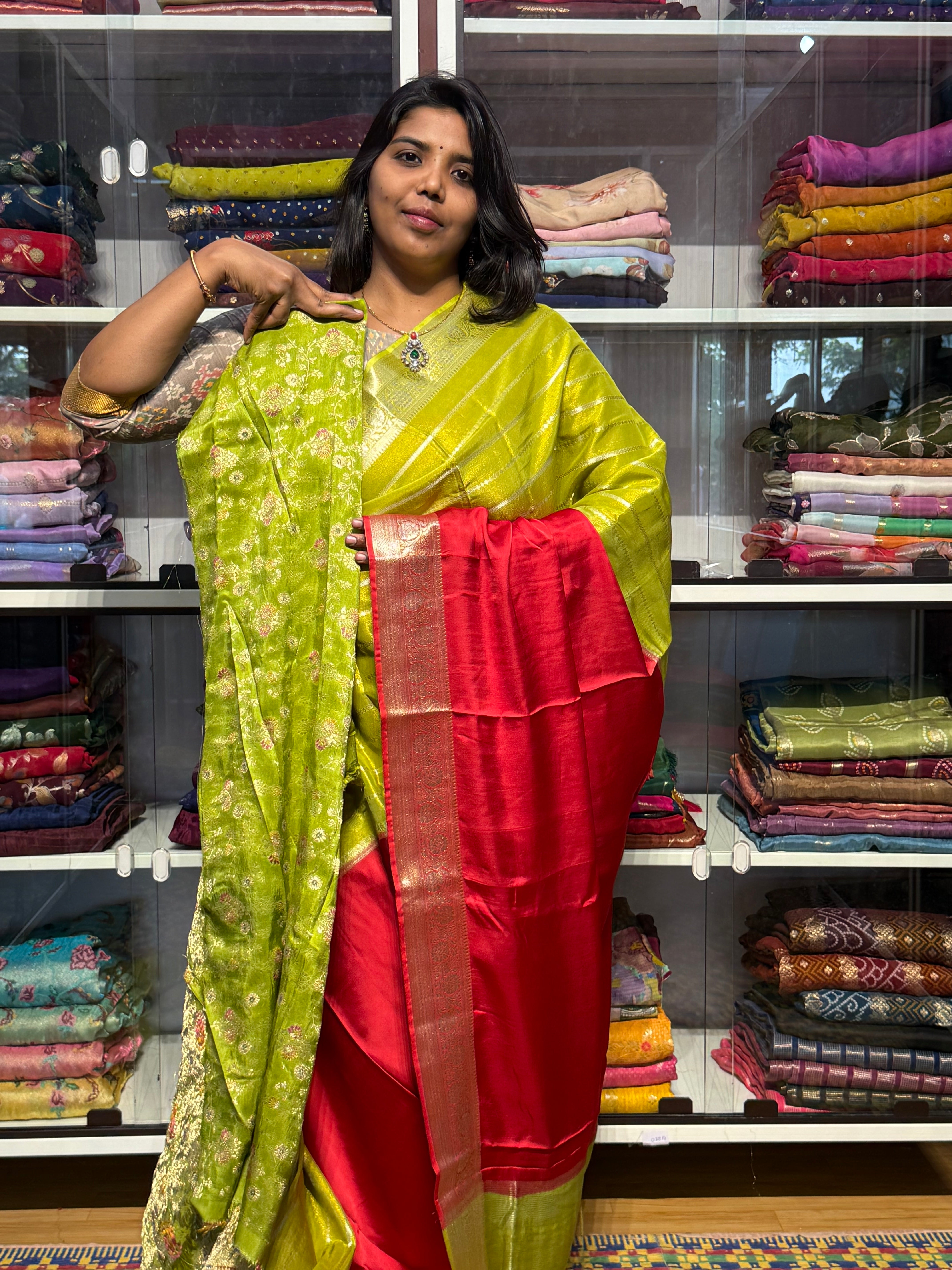 HALF TISSUE HALF SATIN SAREE: GREEN  AND RED