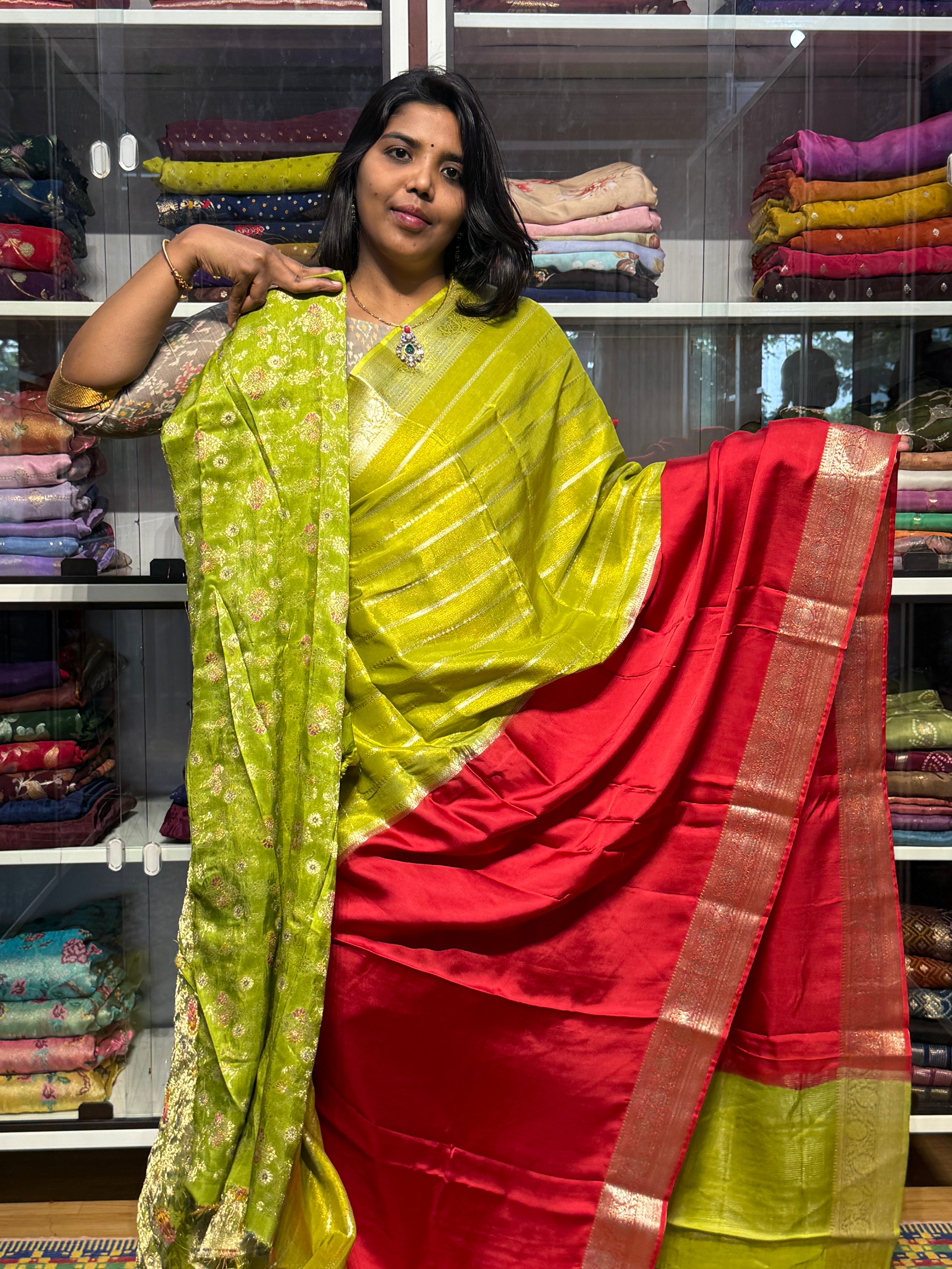 HALF TISSUE HALF SATIN SAREE: GREEN  AND RED