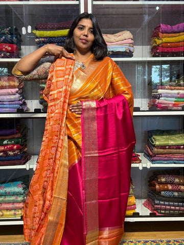 HALF TISSUE HALF SATIN SAREE: ORANGE AND PINK