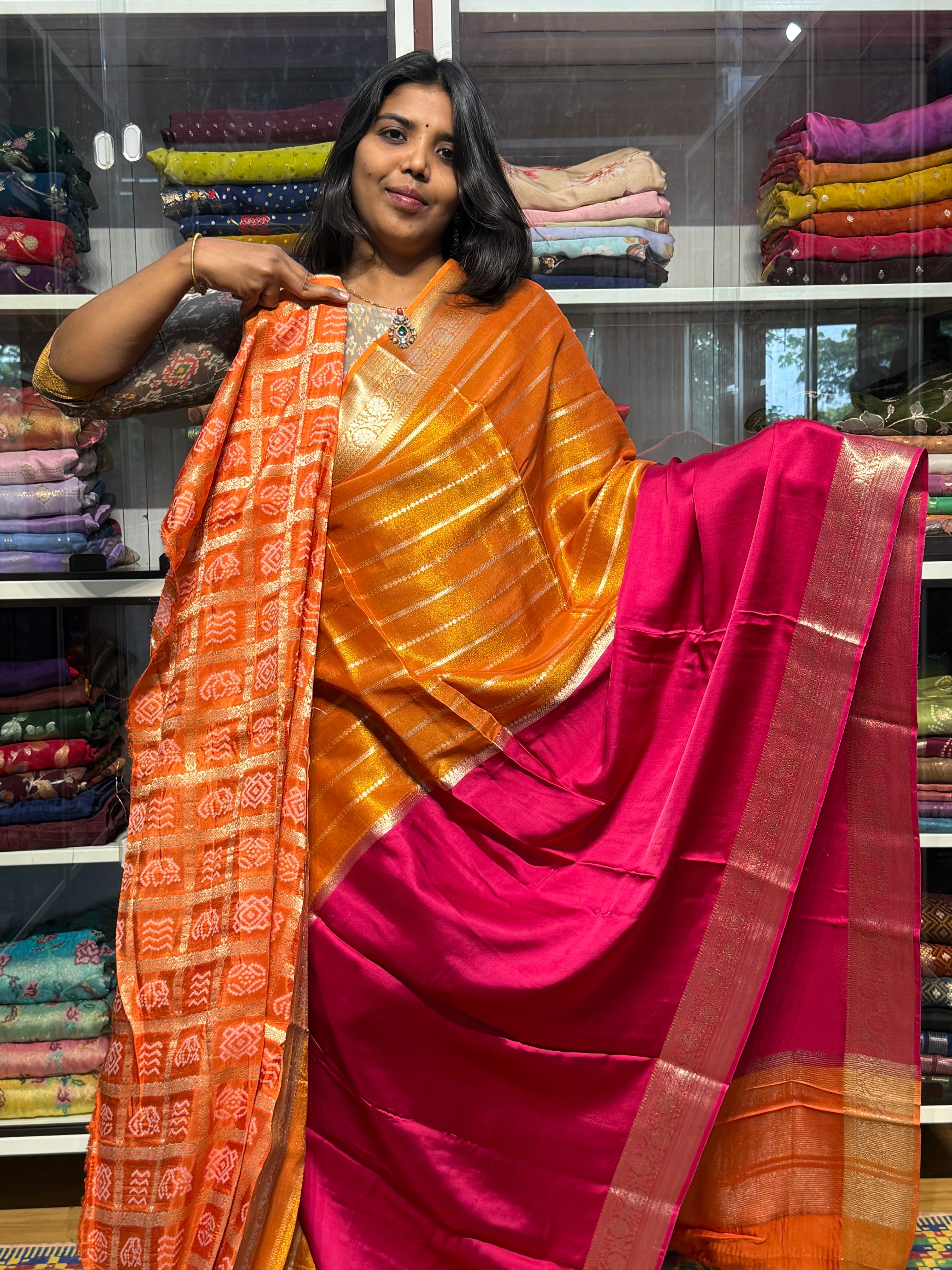 HALF TISSUE HALF SATIN SAREE: ORANGE AND PINK