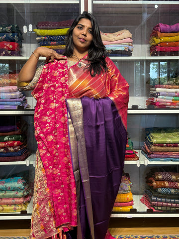 HALF TISSUE HALF SATIN SAREE: PINK AND VOILET