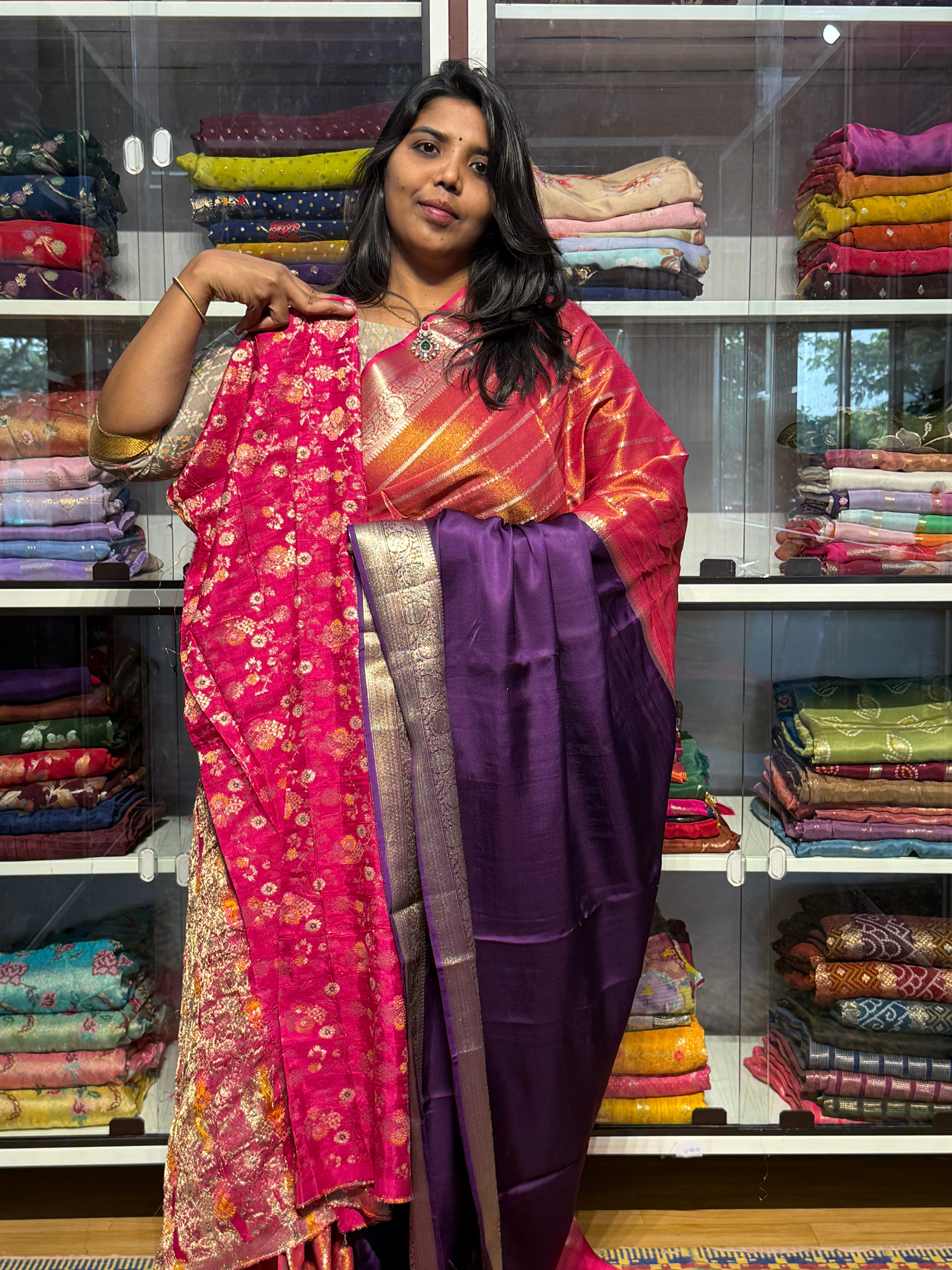 HALF TISSUE HALF SATIN SAREE: PINK AND VOILET