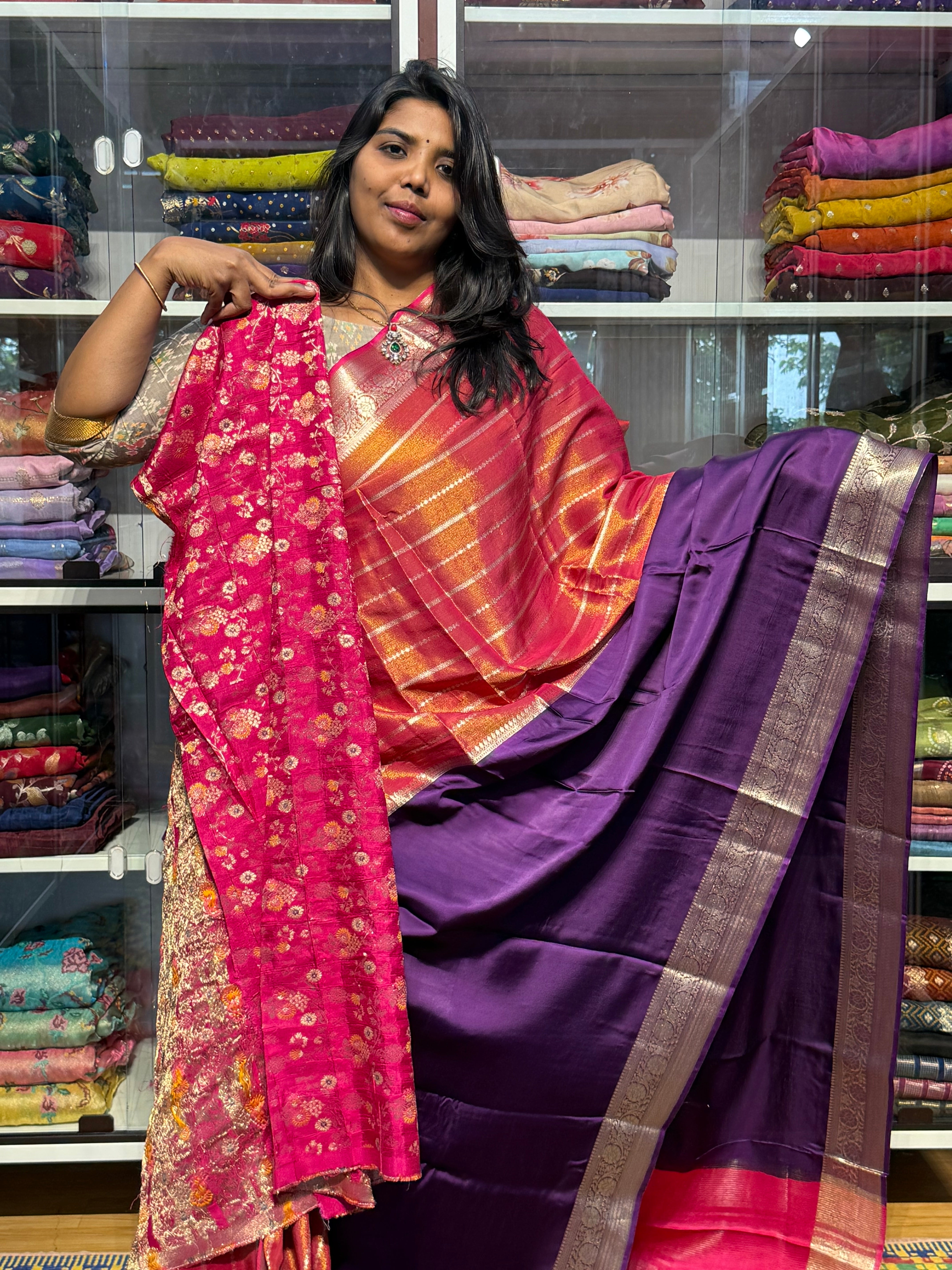 HALF TISSUE HALF SATIN SAREE: PINK AND VOILET