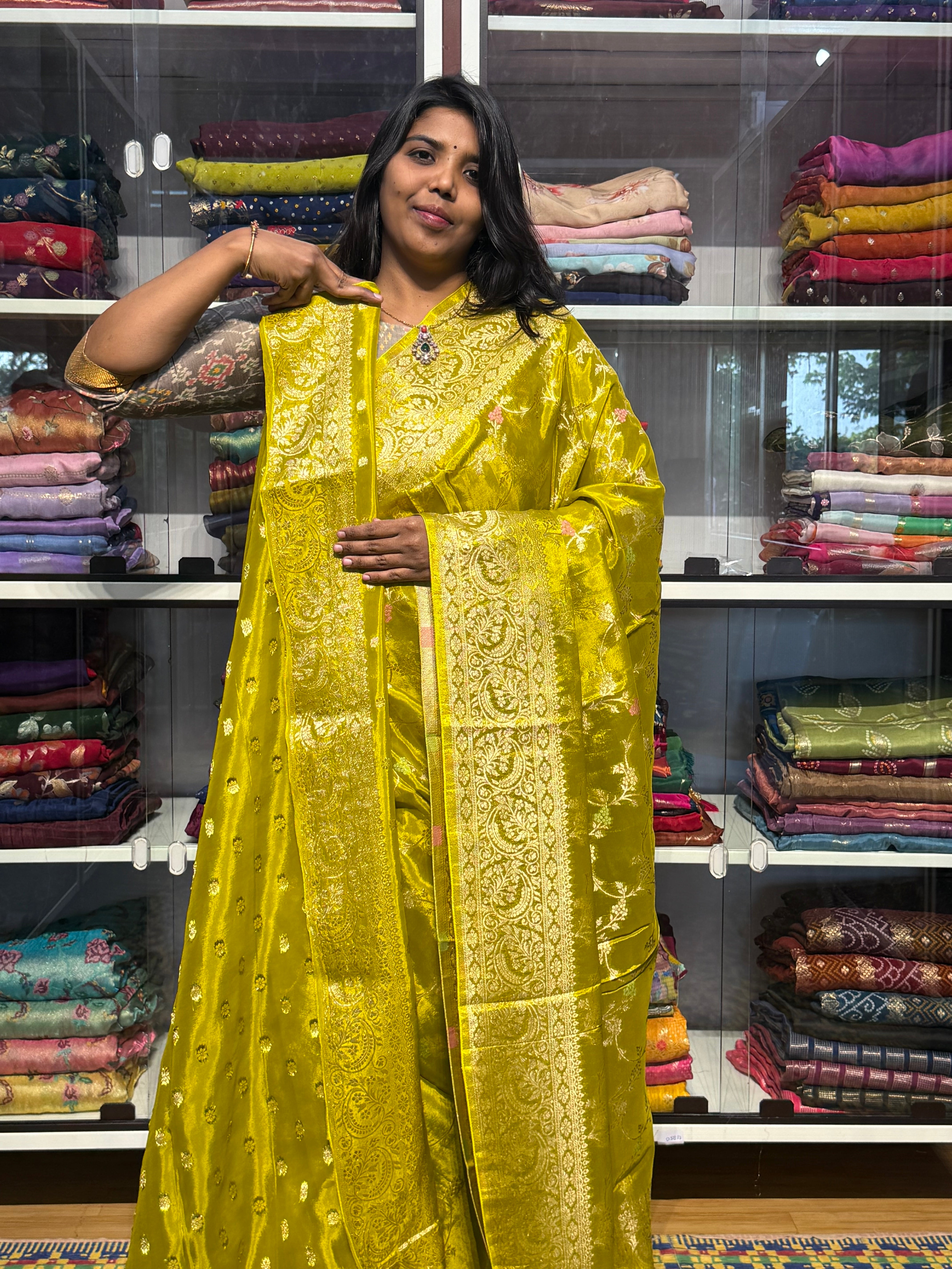 BANARAS CHINON SILK SAREE WITH JAAL : GREEN