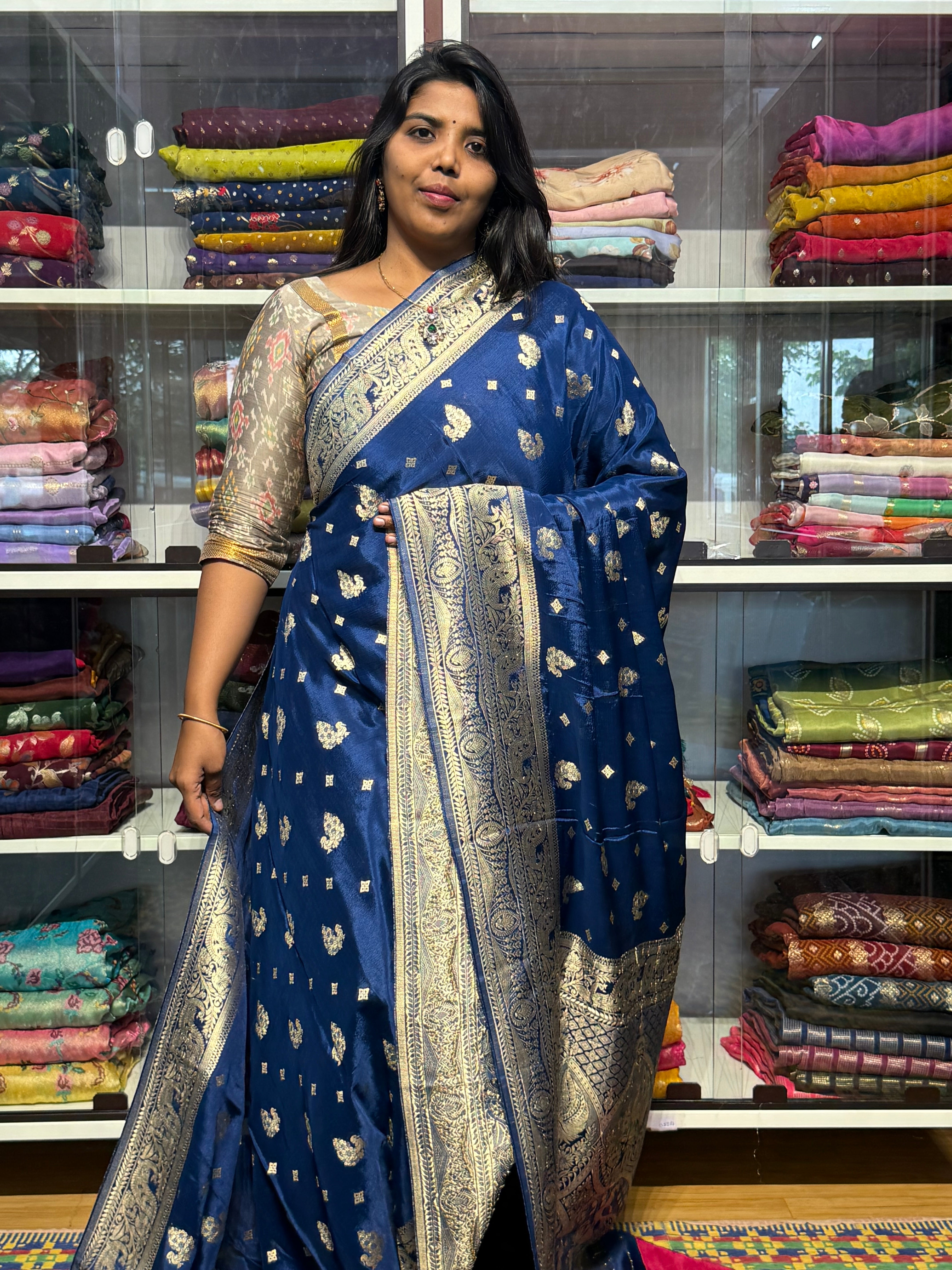 BANARAS CHINON SILK SAREE WITH BUTIS: BLUE