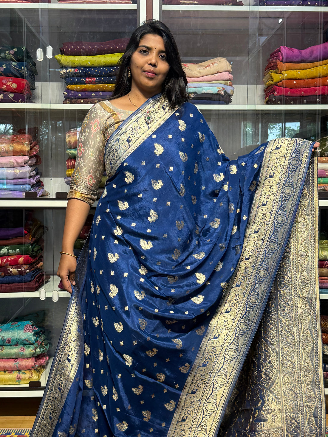 BANARAS CHINON SILK SAREE WITH BUTIS: BLUE