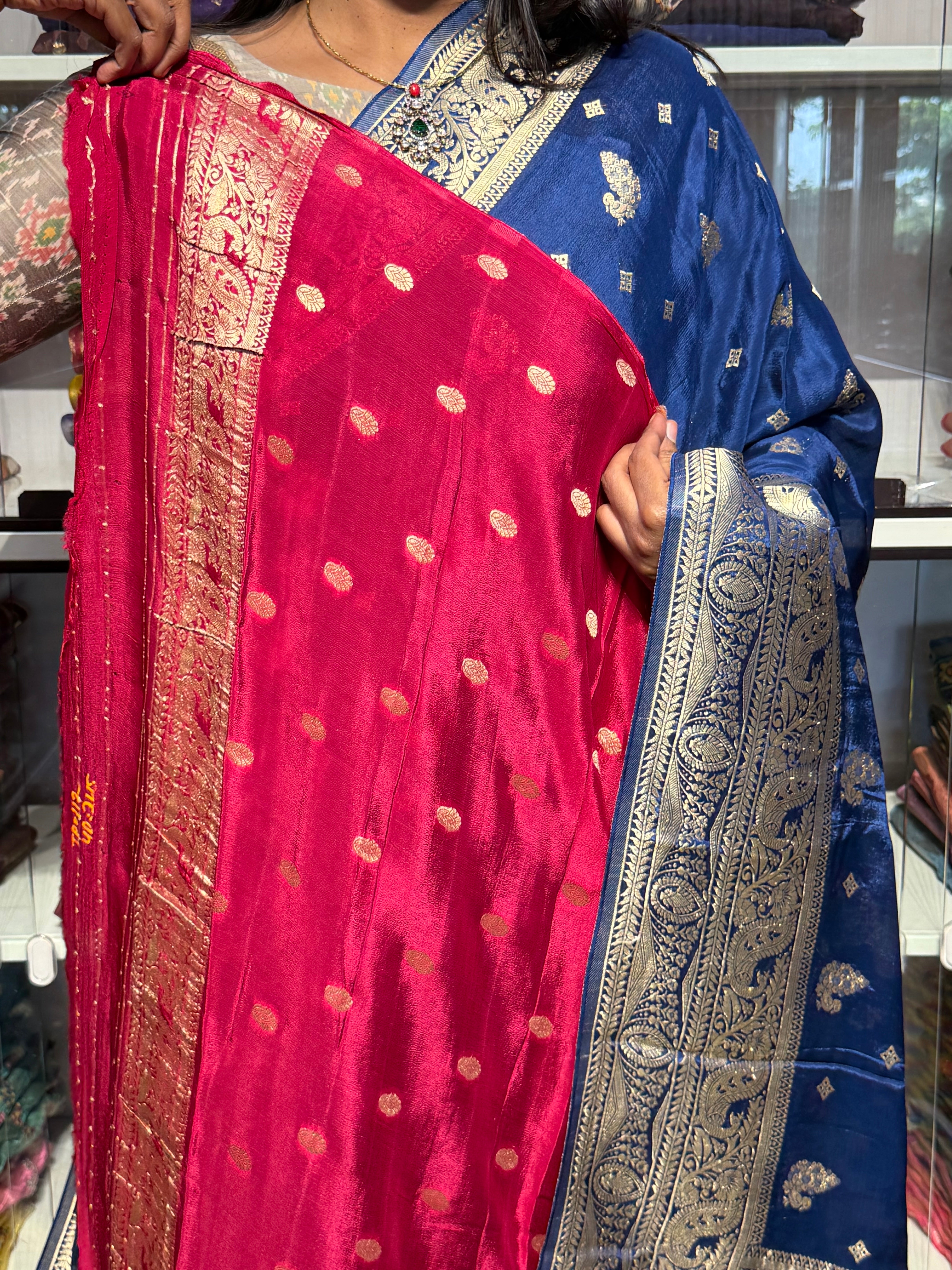 BANARAS CHINON SILK SAREE WITH BUTIS: BLUE