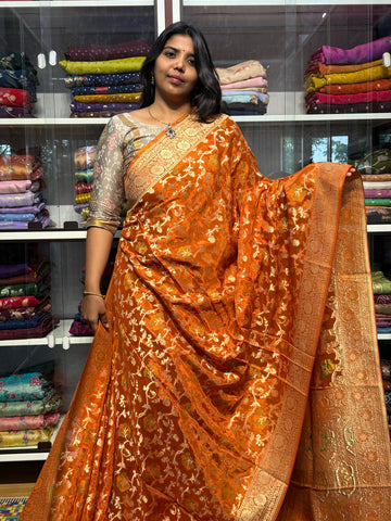 BANARAS CHINON SILK SAREE WITH JAAL : ORANGE