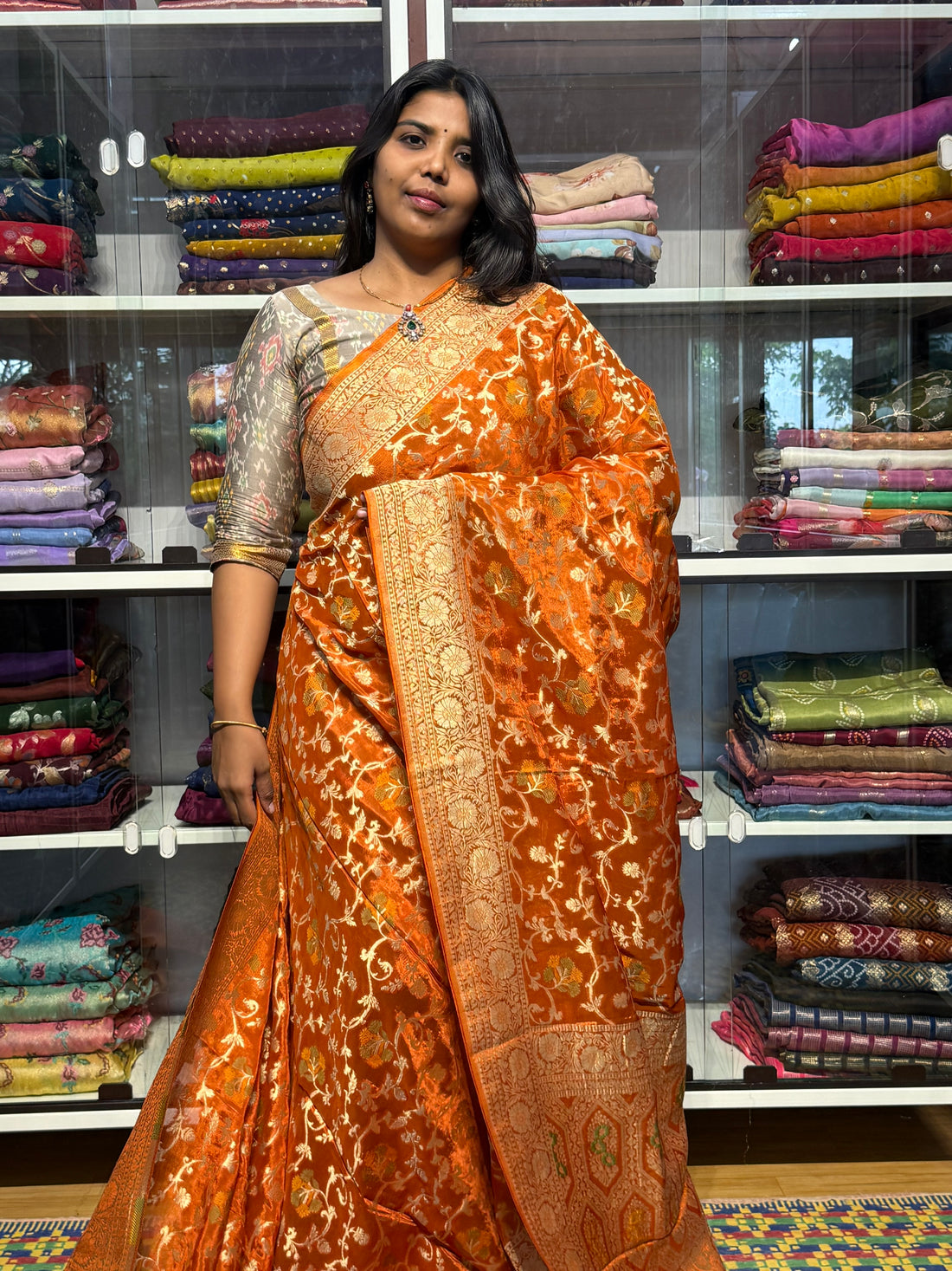 BANARAS CHINON SILK SAREE WITH JAAL : ORANGE