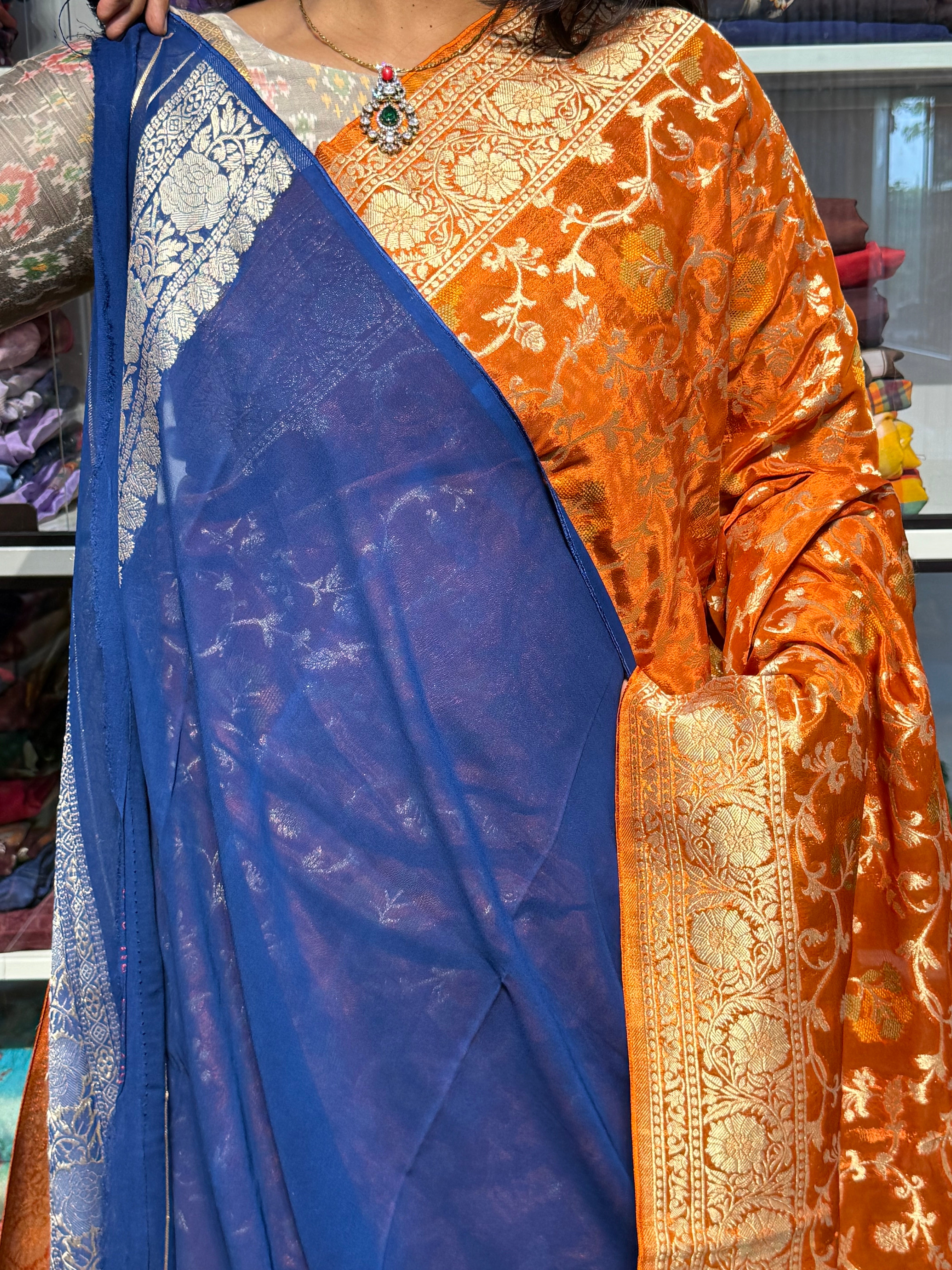 BANARAS CHINON SILK SAREE WITH JAAL : ORANGE