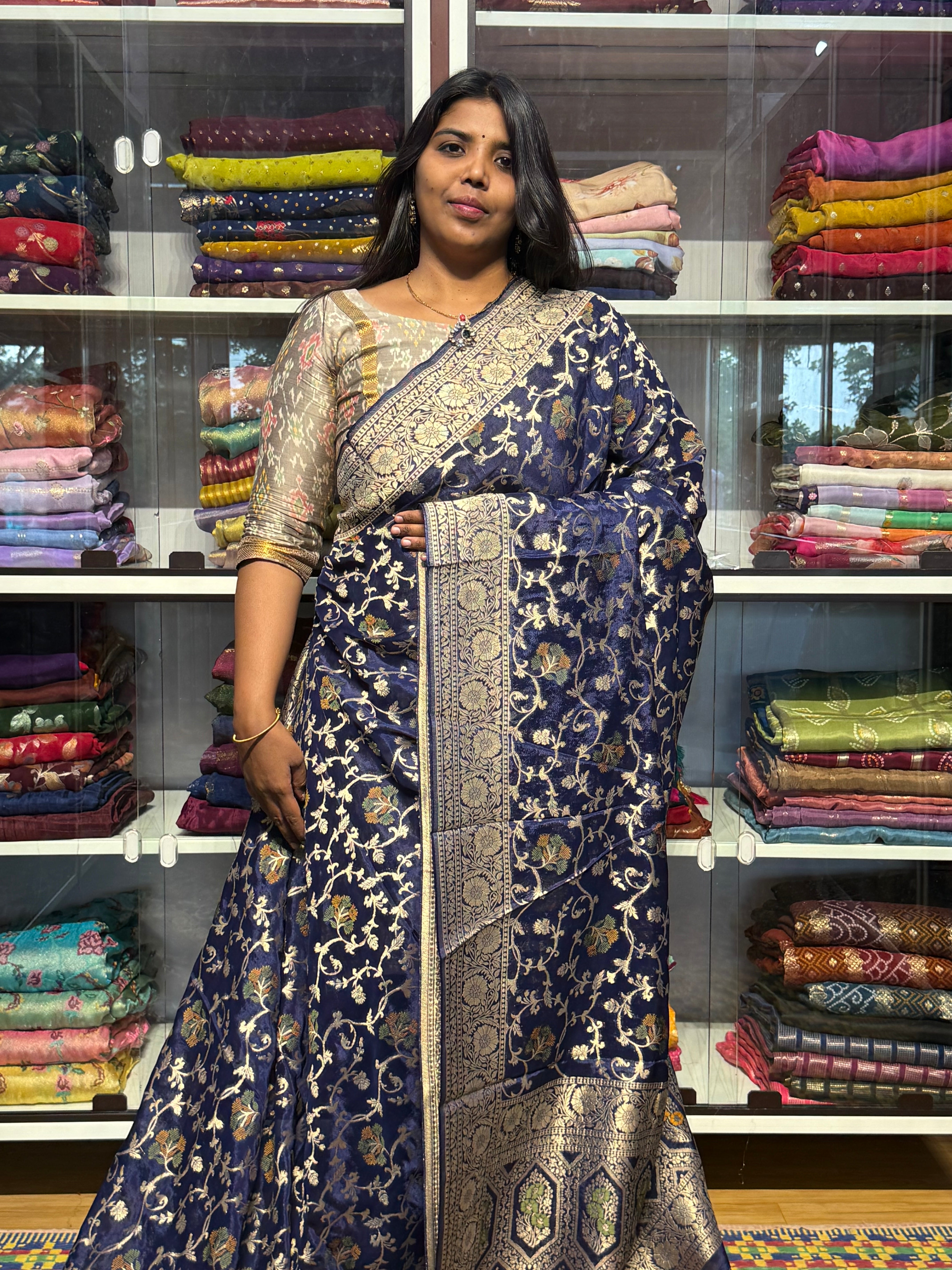 BANARAS CHINON SILK SAREE WITH JAAL: BLUE