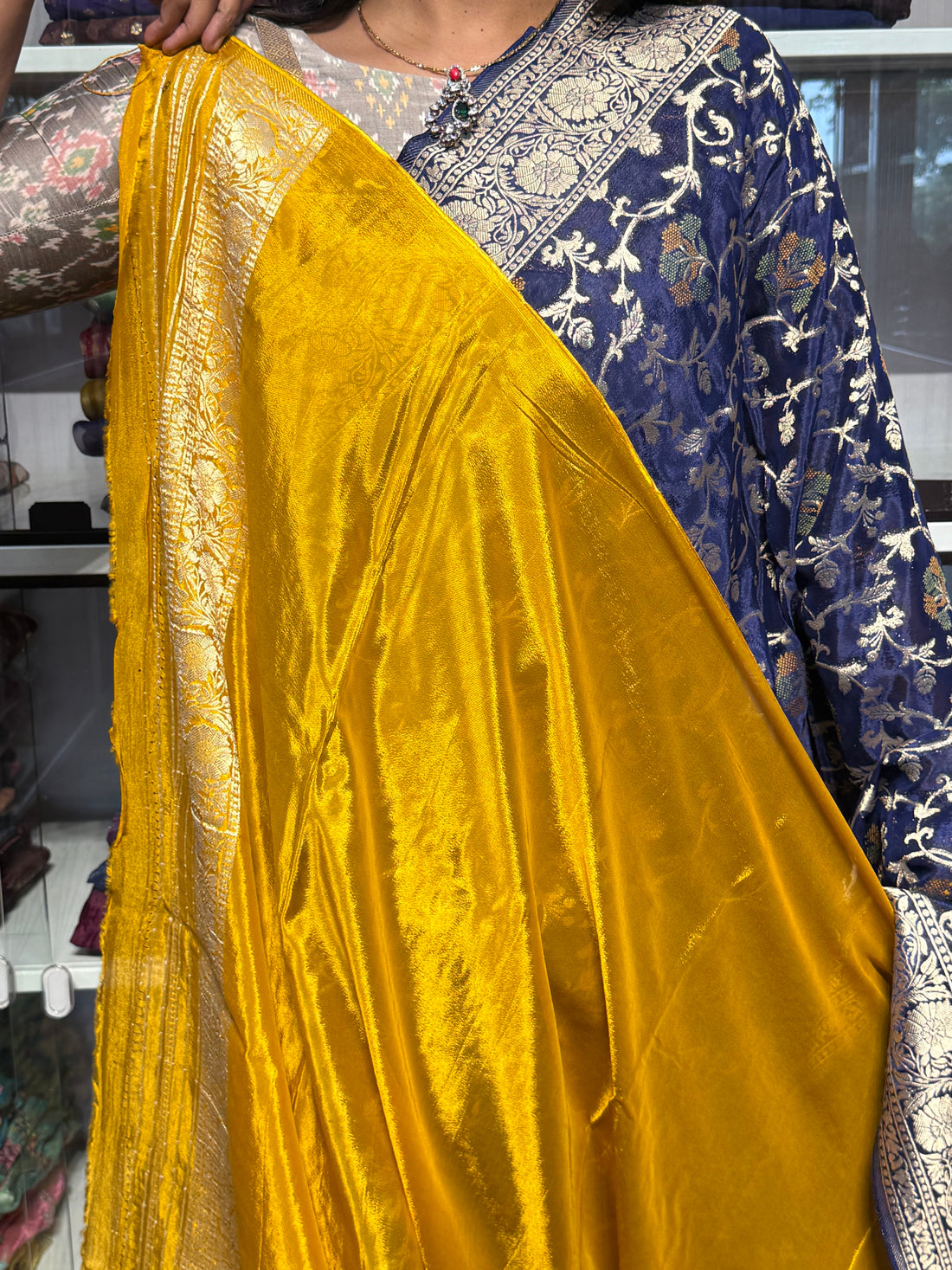BANARAS CHINON SILK SAREE WITH JAAL: BLUE