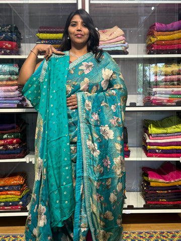 SABYASACHI INSPIRED TISSUE DIGITAL PRINT SAREE: SEA BLUE