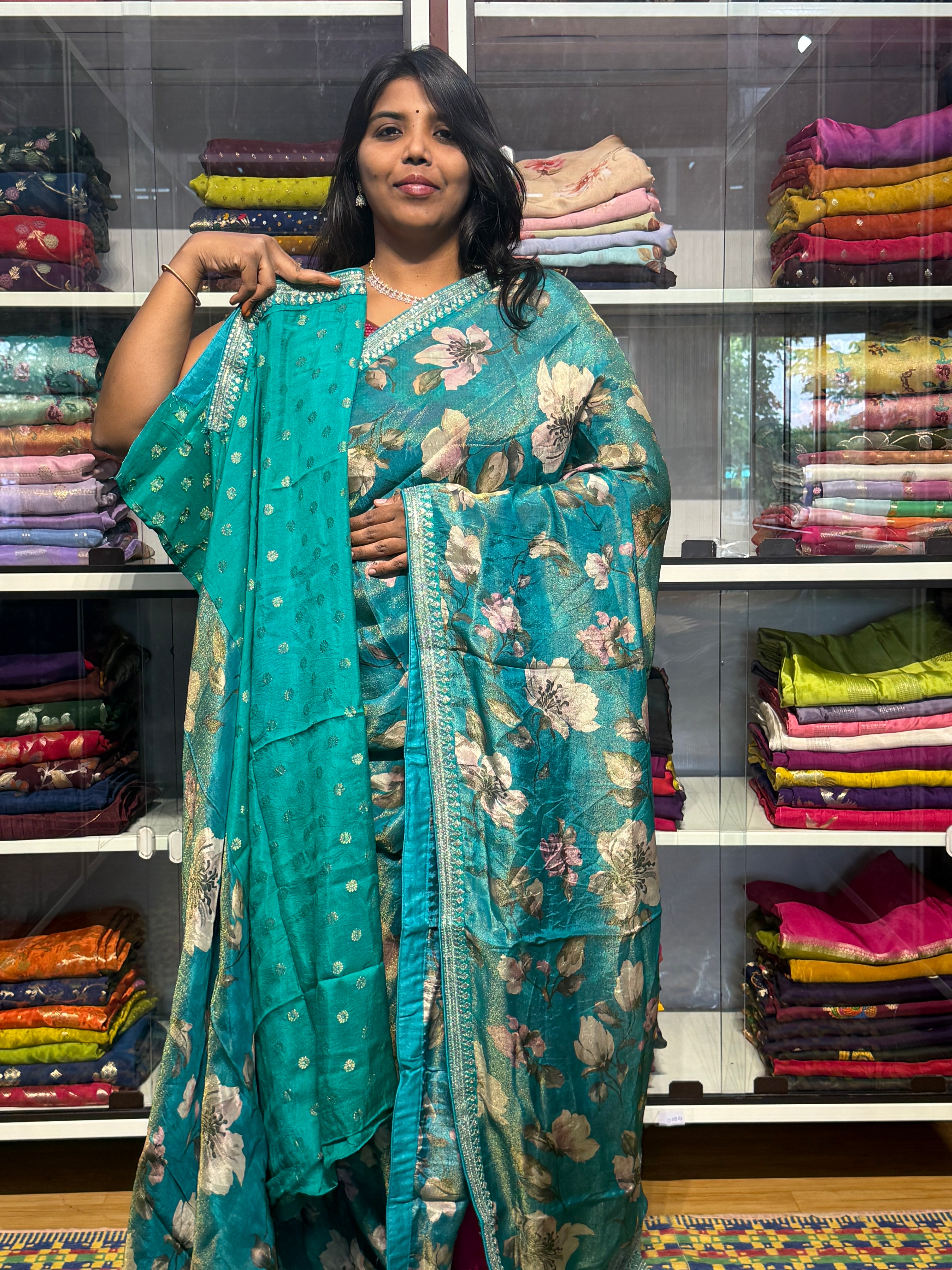 SABYASACHI INSPIRED TISSUE DIGITAL PRINT SAREE: SEA BLUE