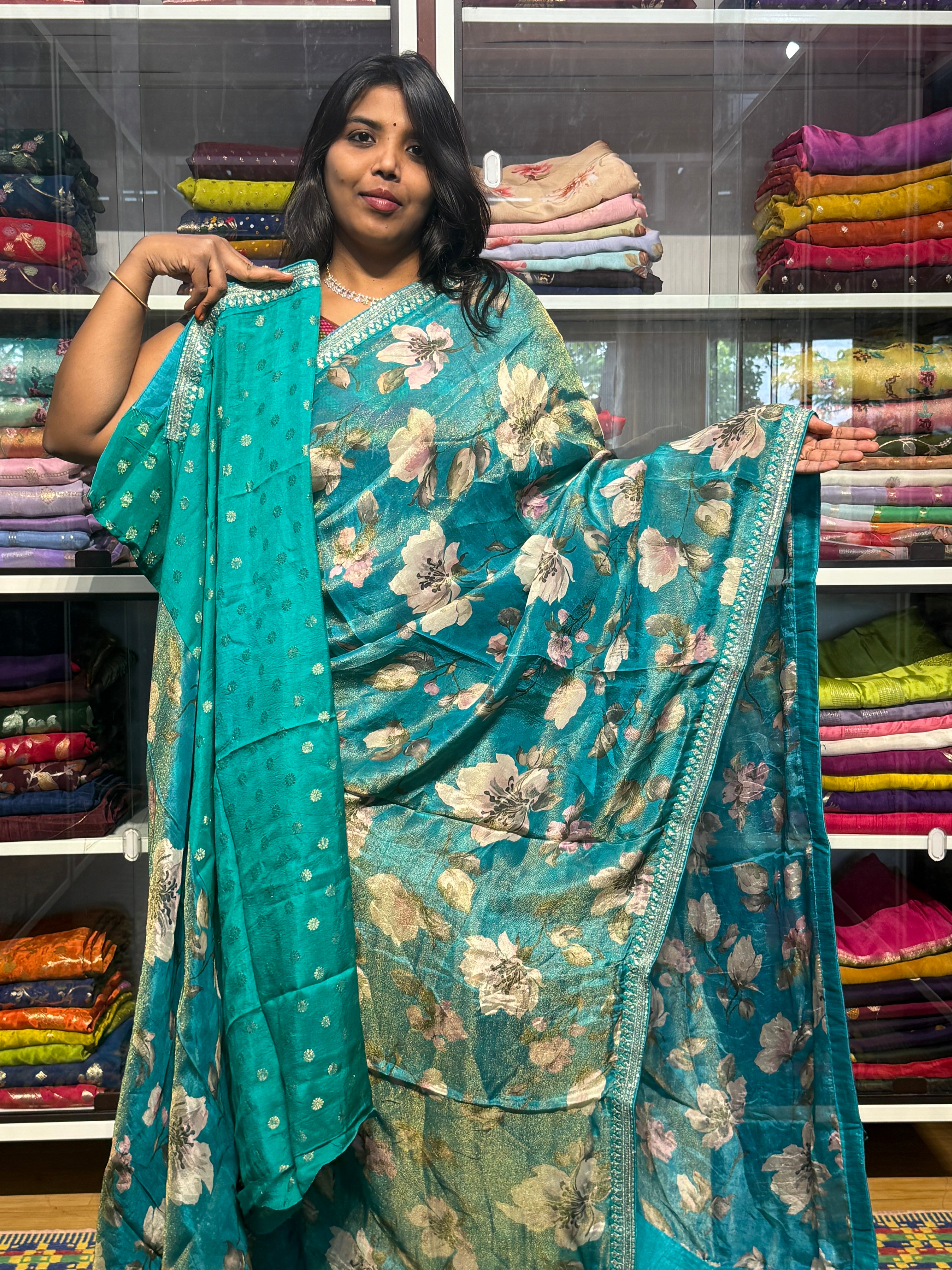 SABYASACHI INSPIRED TISSUE DIGITAL PRINT SAREE: SEA BLUE