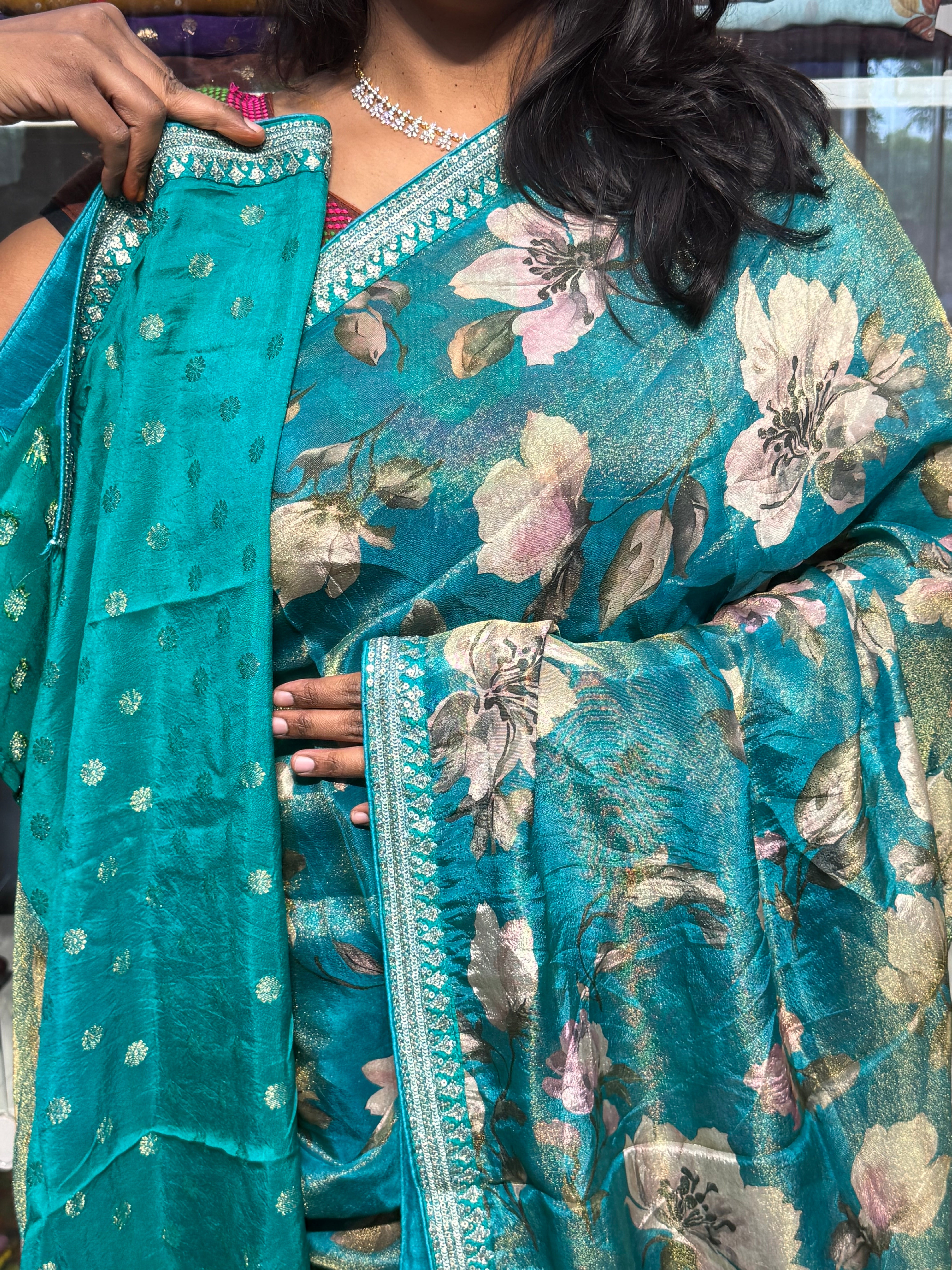 SABYASACHI INSPIRED TISSUE DIGITAL PRINT SAREE: SEA BLUE