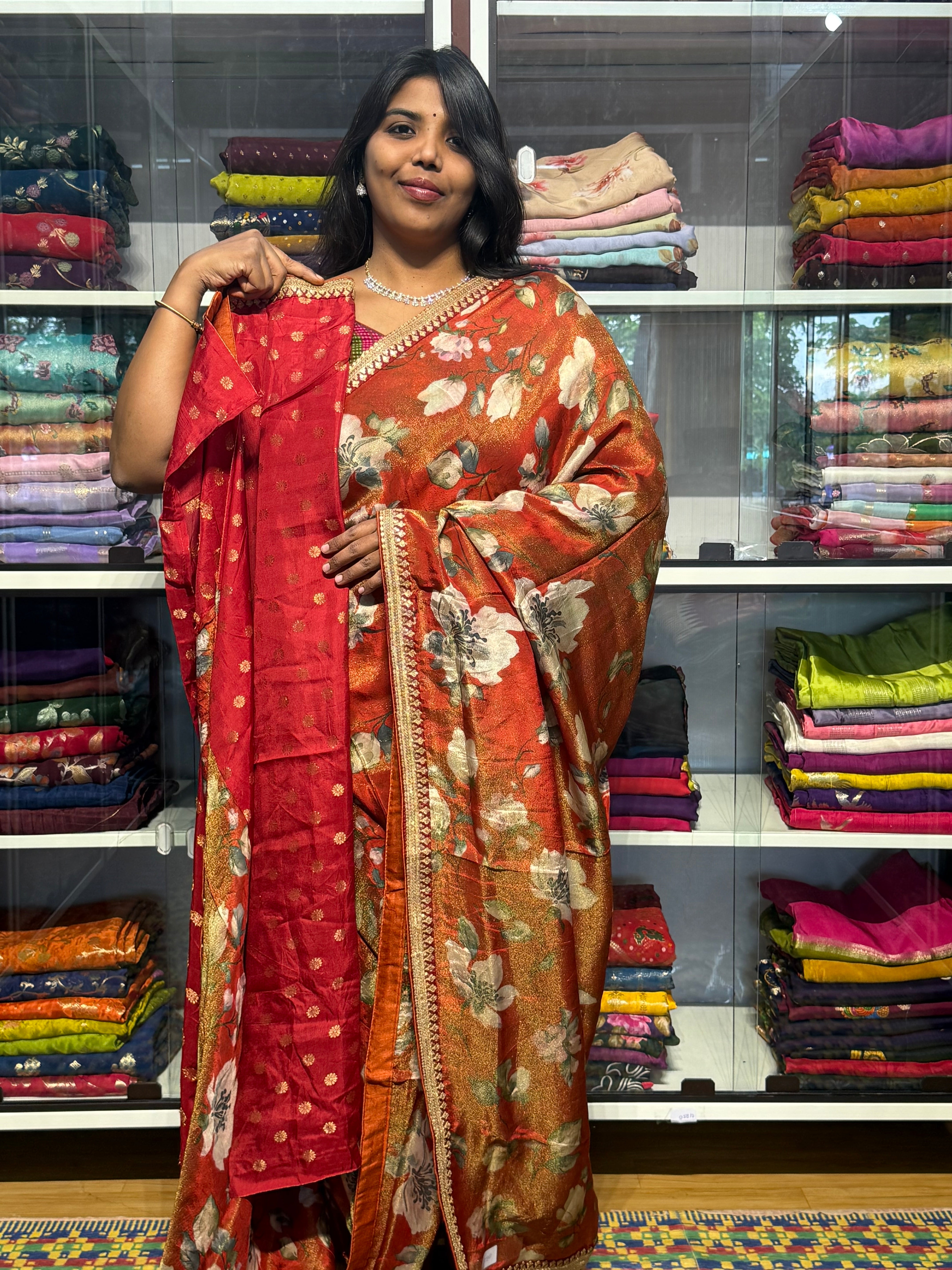 SABYASACHI INSPIRED TISSUE DIGITAL PRINT SAREE: RUST