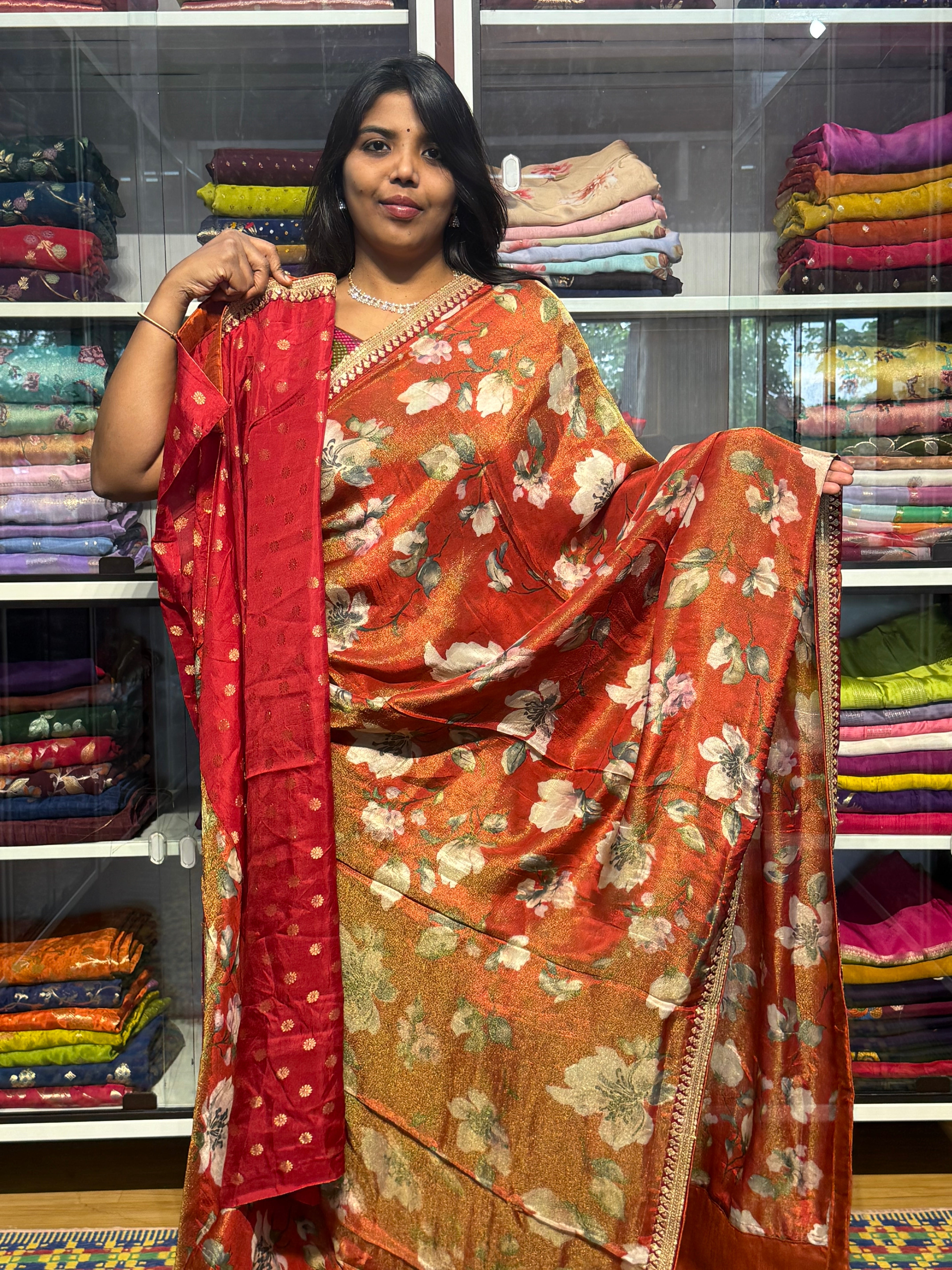 SABYASACHI INSPIRED TISSUE DIGITAL PRINT SAREE: RUST