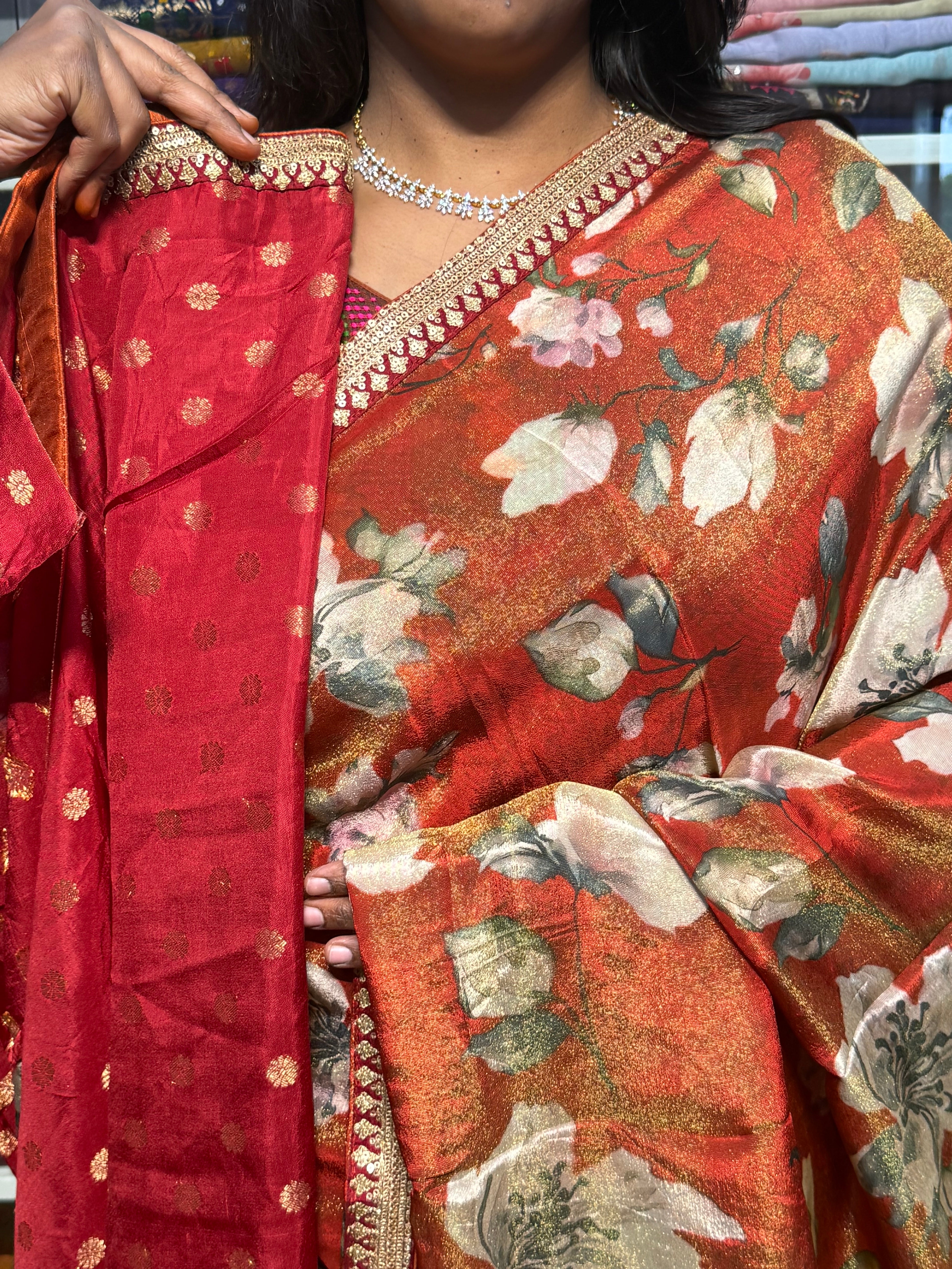 SABYASACHI INSPIRED TISSUE DIGITAL PRINT SAREE: RUST