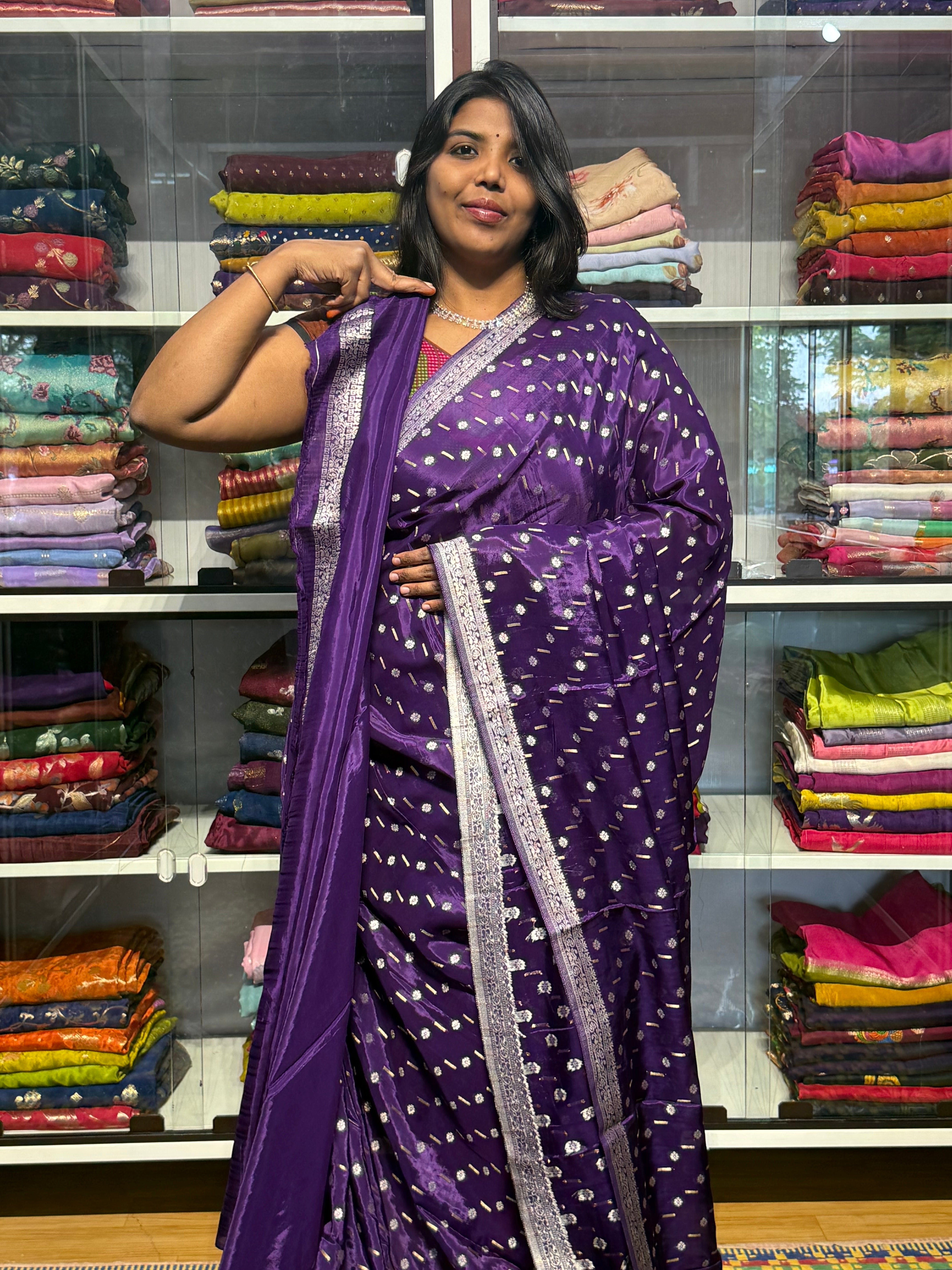 BANARAS CHINON SILK SAREE WITH SMALL BORDER: VOILET