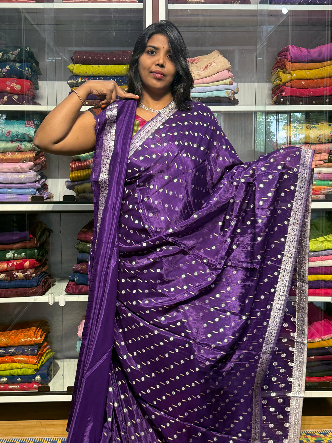 BANARAS CHINON SILK SAREE WITH SMALL BORDER: VOILET