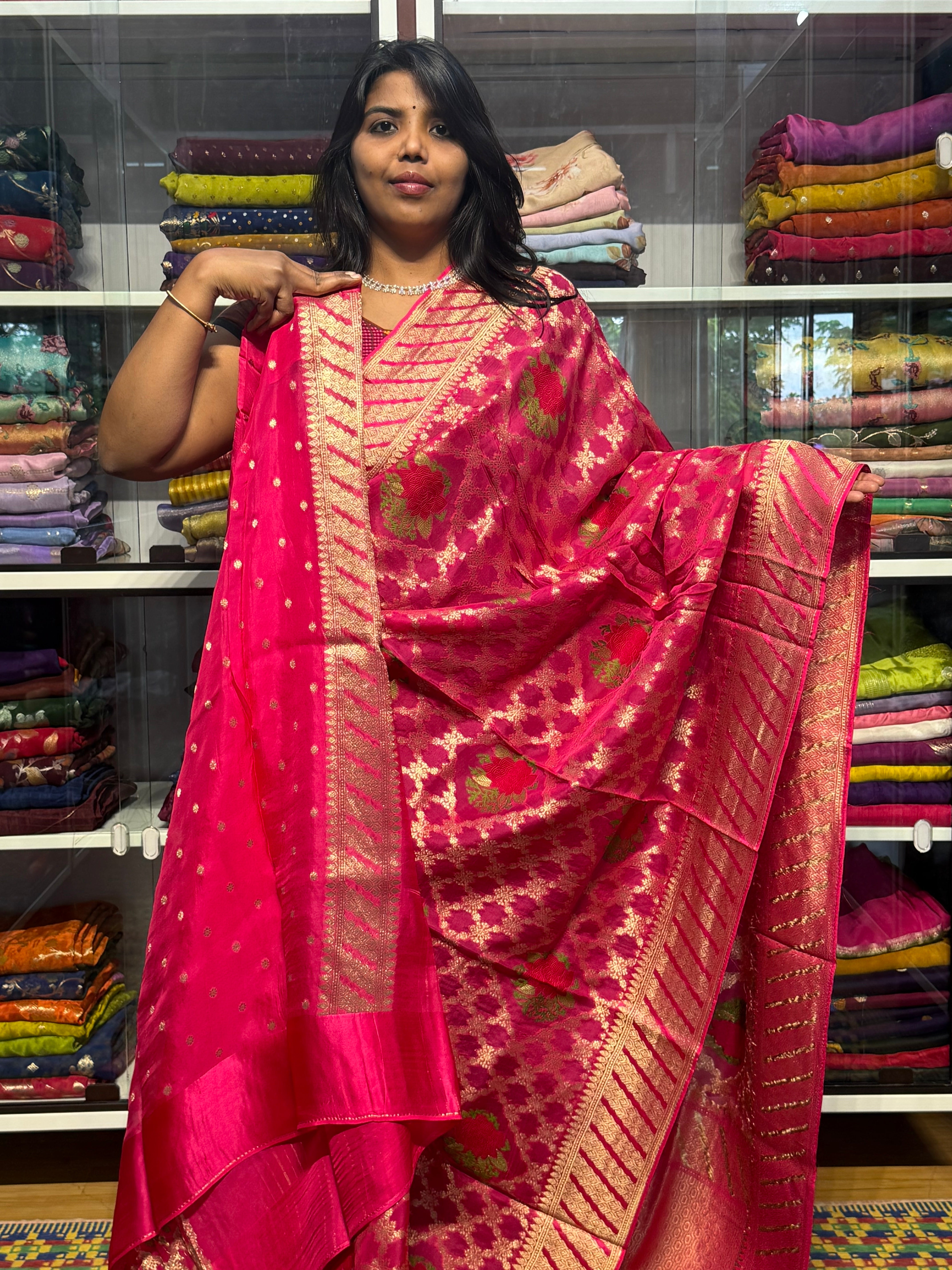 BANARAS GEORGETTE SAREE WITH JAAL : PINK