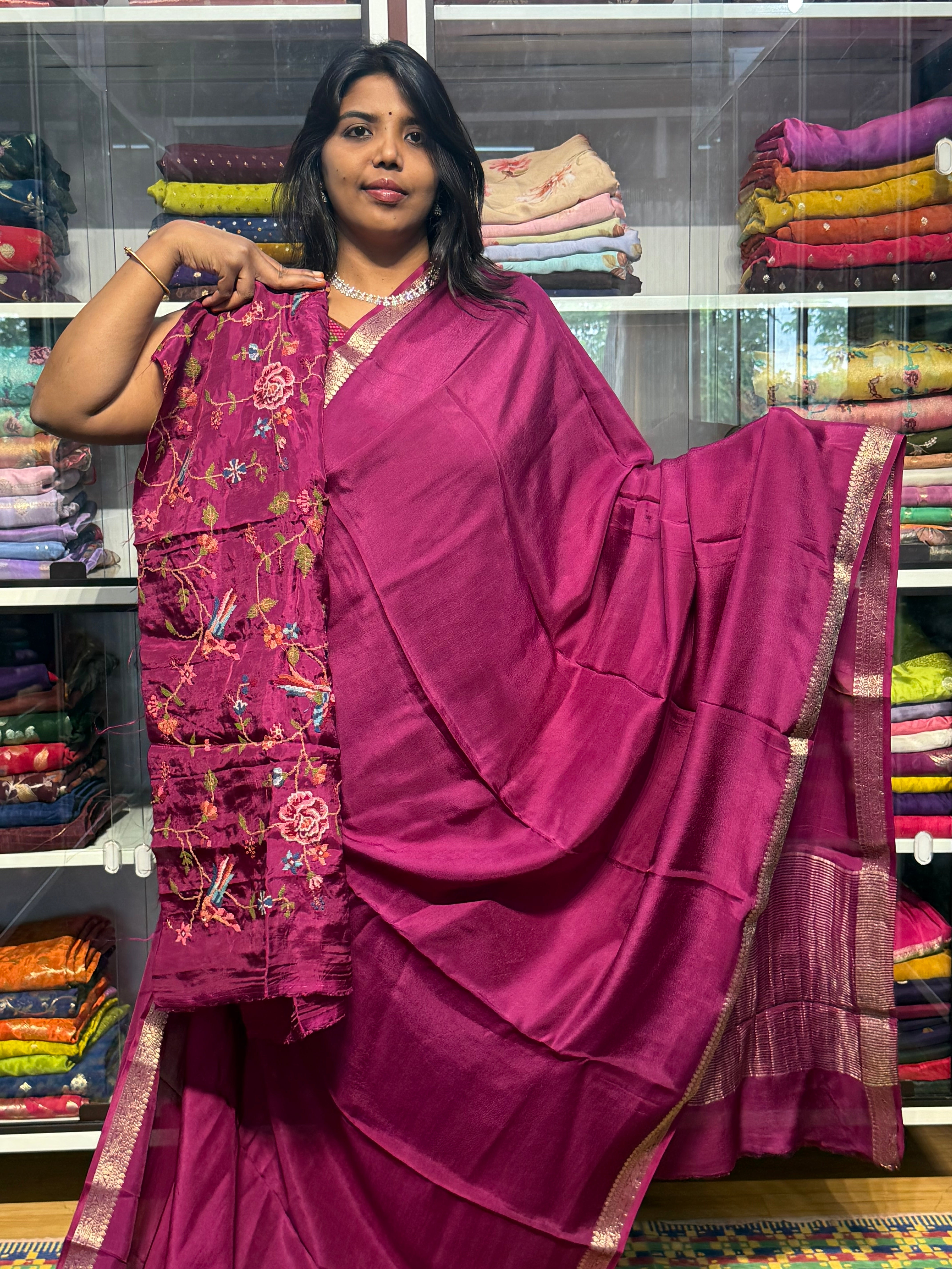 MYSORE SILK SAREE WITH EMBROIDERY BLOUSE: MAGENTA