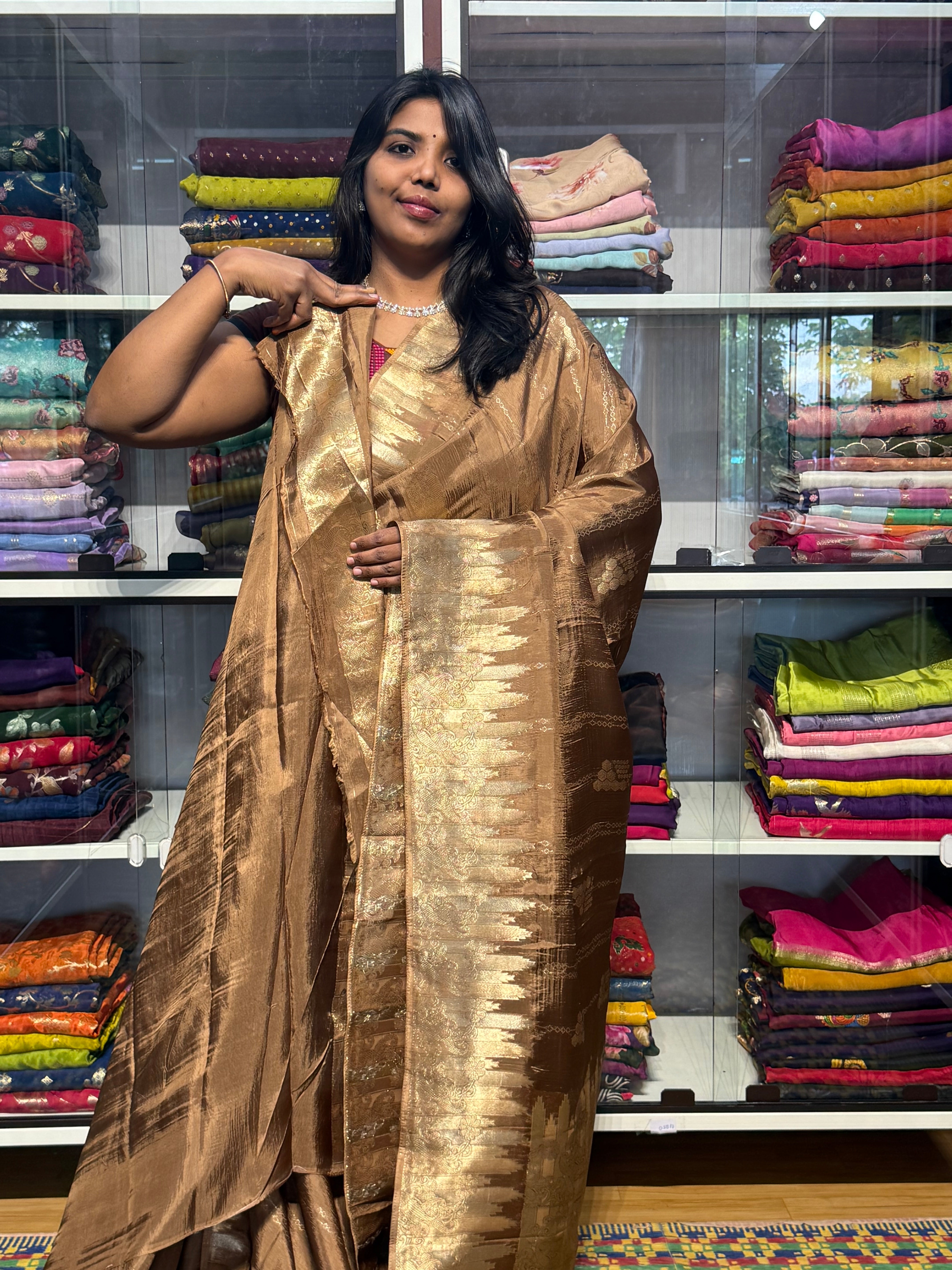 CHINON SILK SAREES WITH TEMPLE BORDER: BRONZE