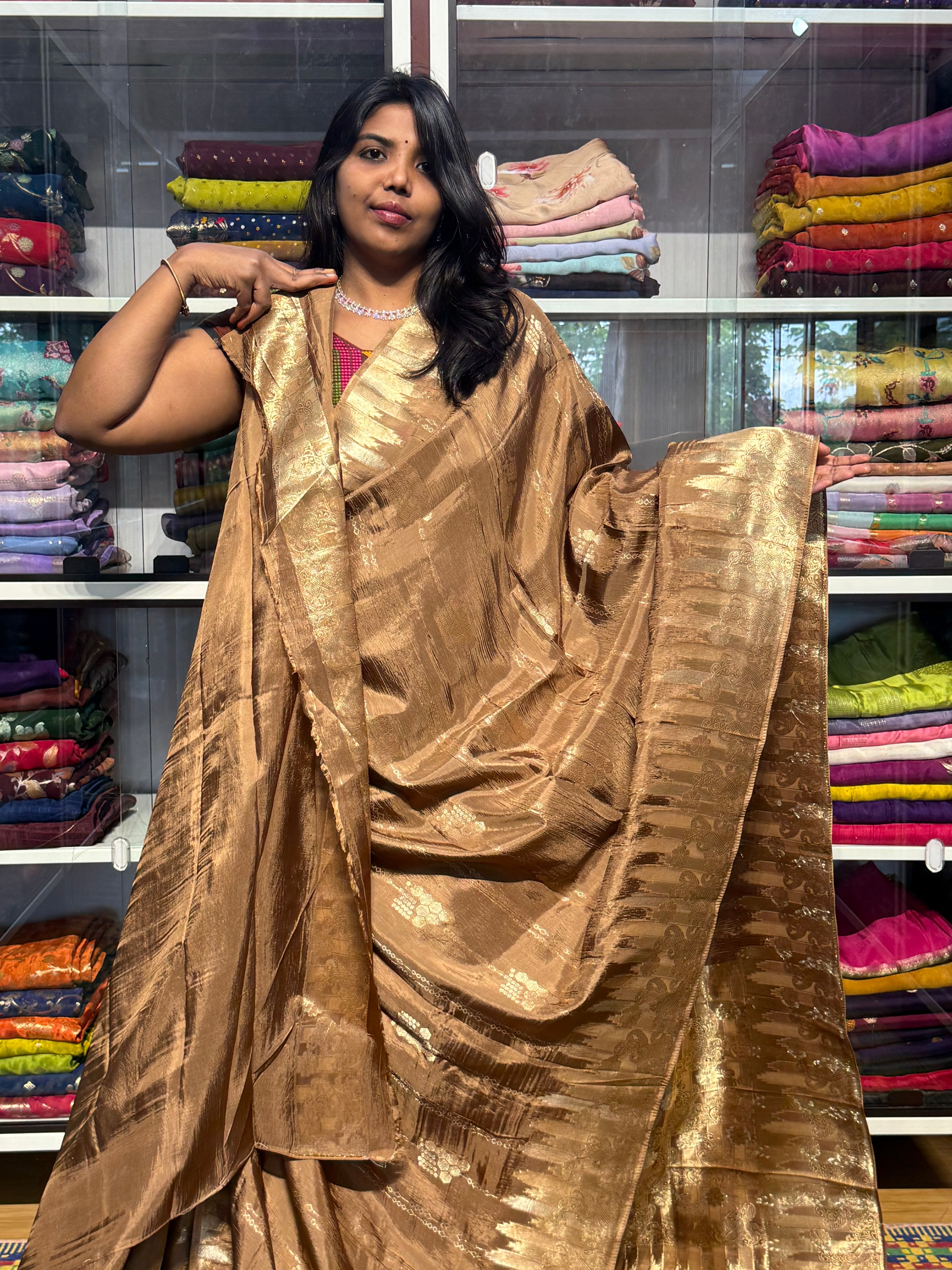 CHINON SILK SAREES WITH TEMPLE BORDER: BRONZE