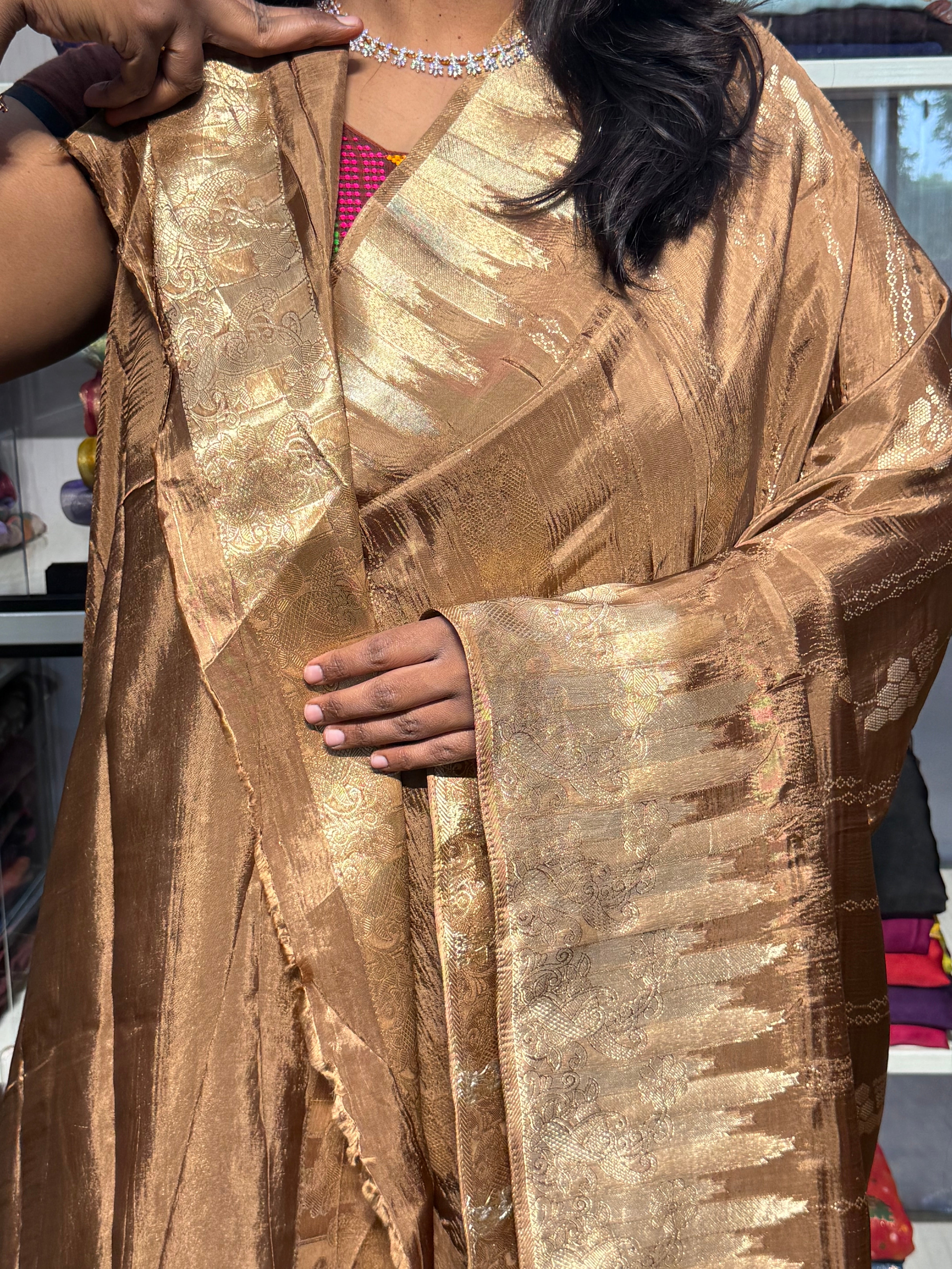 CHINON SILK SAREES WITH TEMPLE BORDER: BRONZE