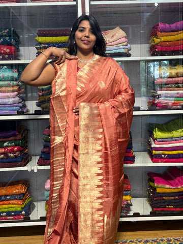 CHINON SILK SAREES WITH TEMPLE BORDER: PEACH