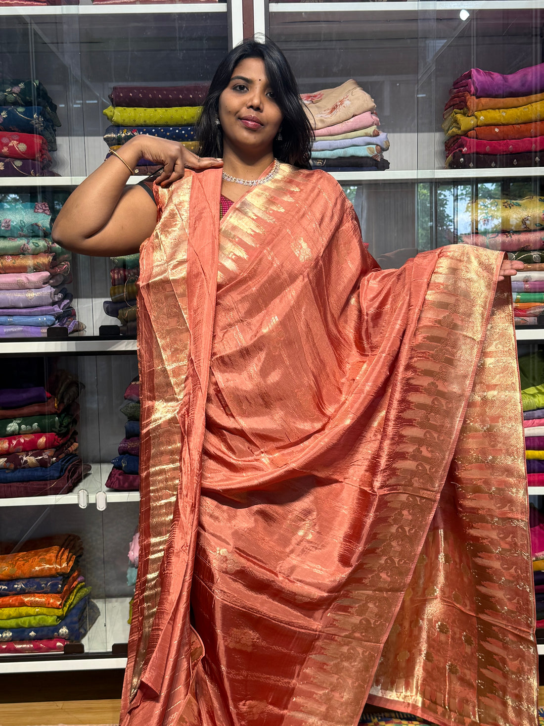 CHINON SILK SAREES WITH TEMPLE BORDER: PEACH