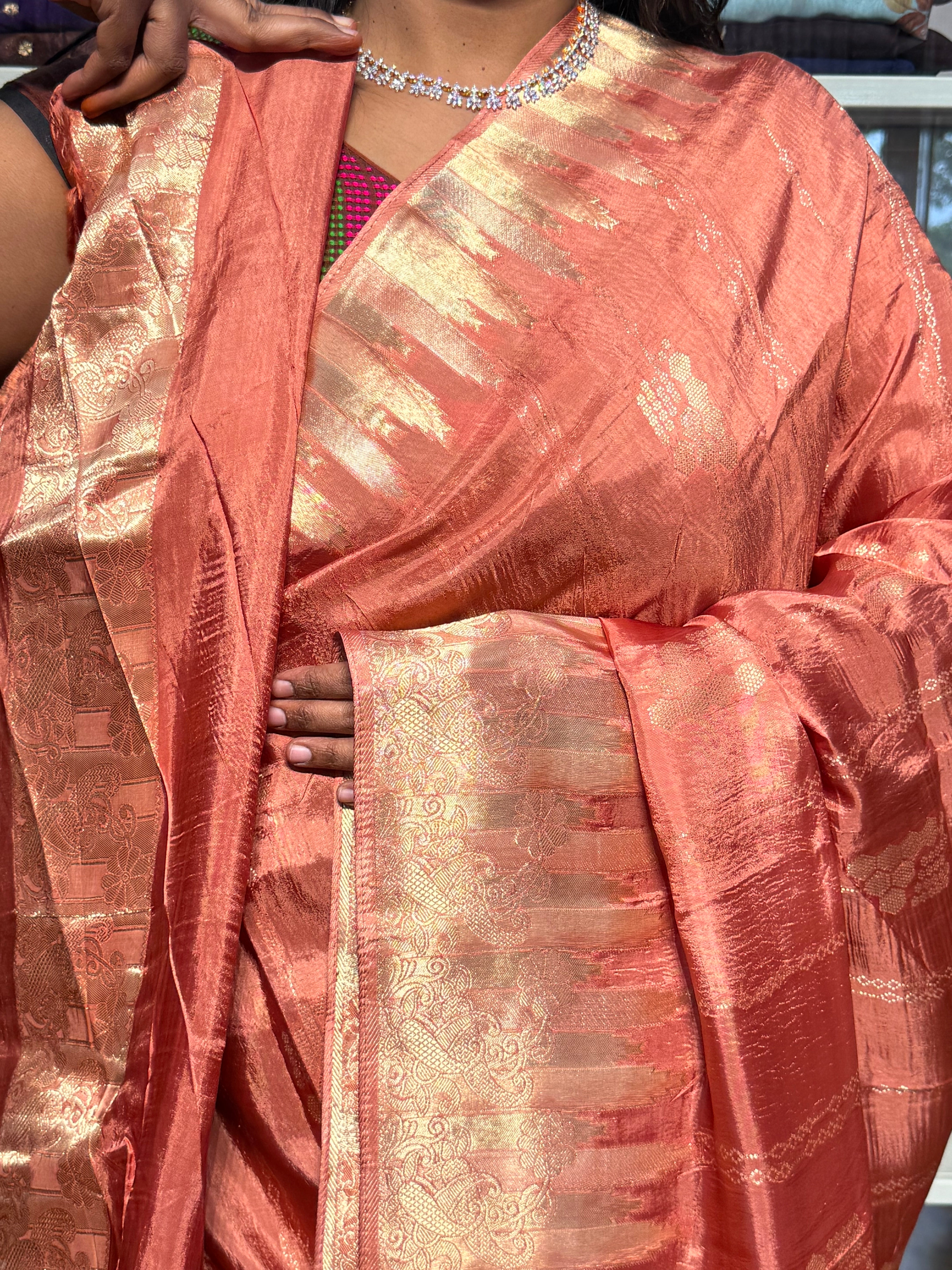 CHINON SILK SAREES WITH TEMPLE BORDER: PEACH