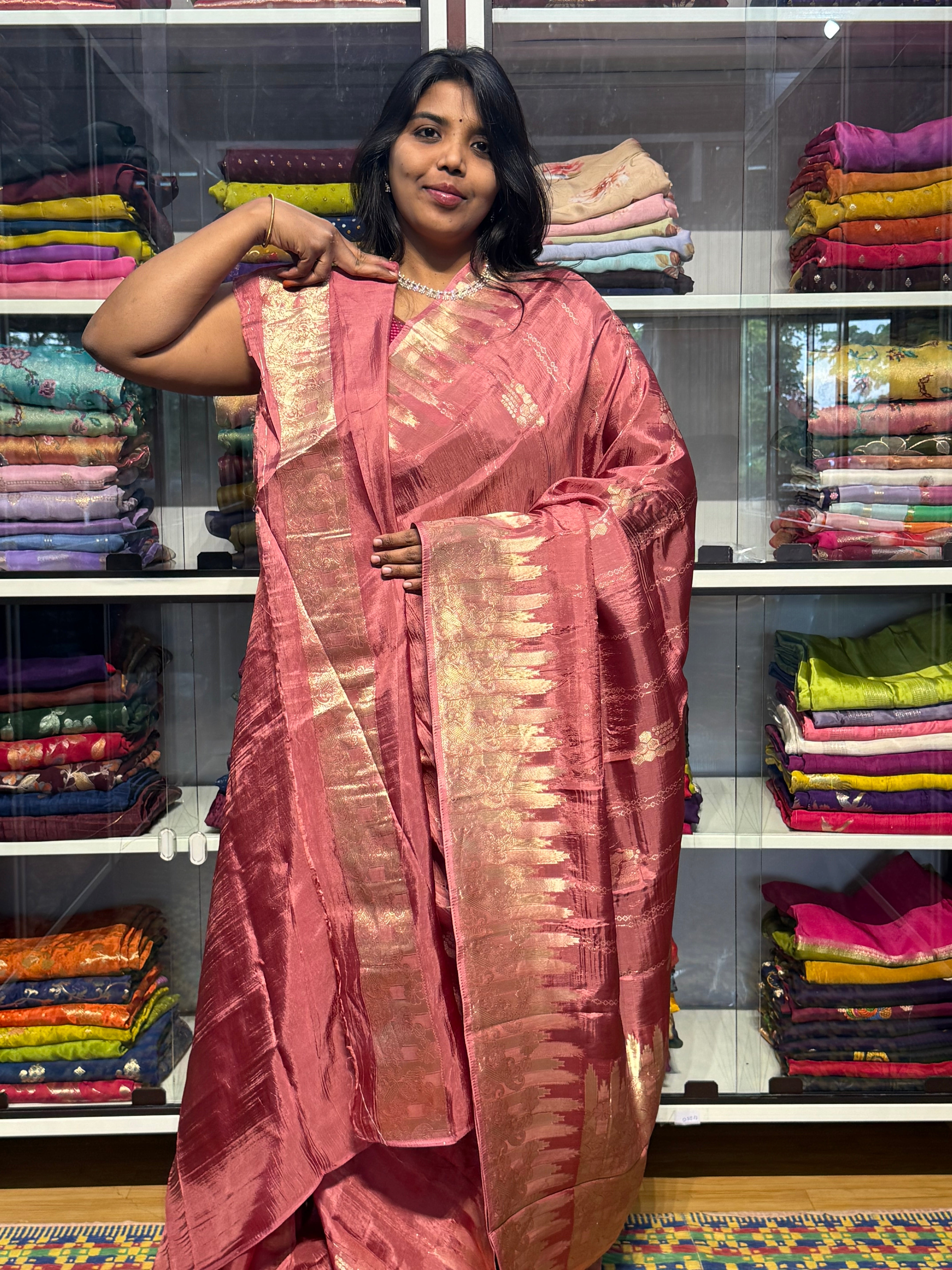 CHINON SILK SAREES WITH TEMPLE BORDER: ONION PINK