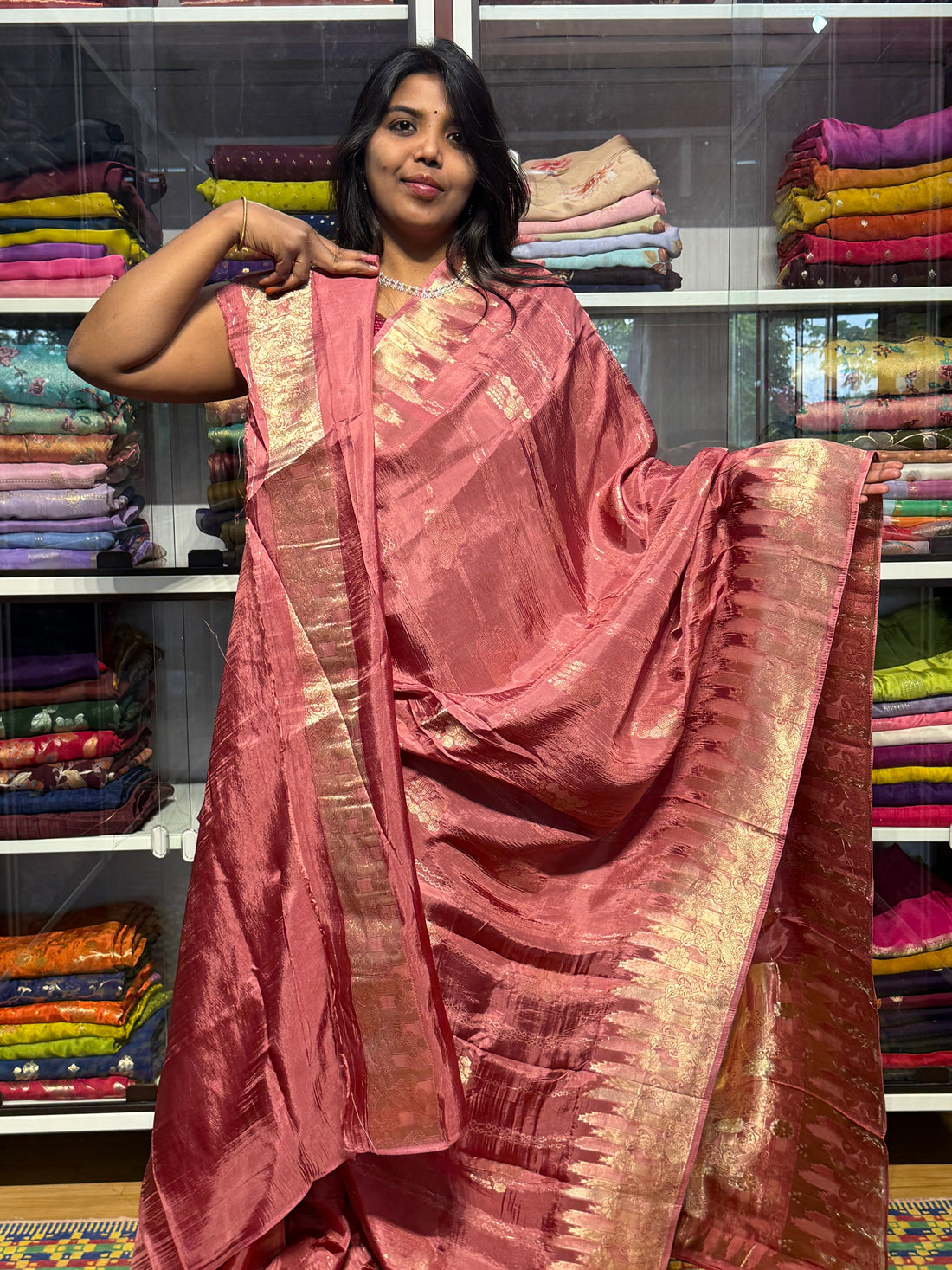 CHINON SILK SAREES WITH TEMPLE BORDER: ONION PINK