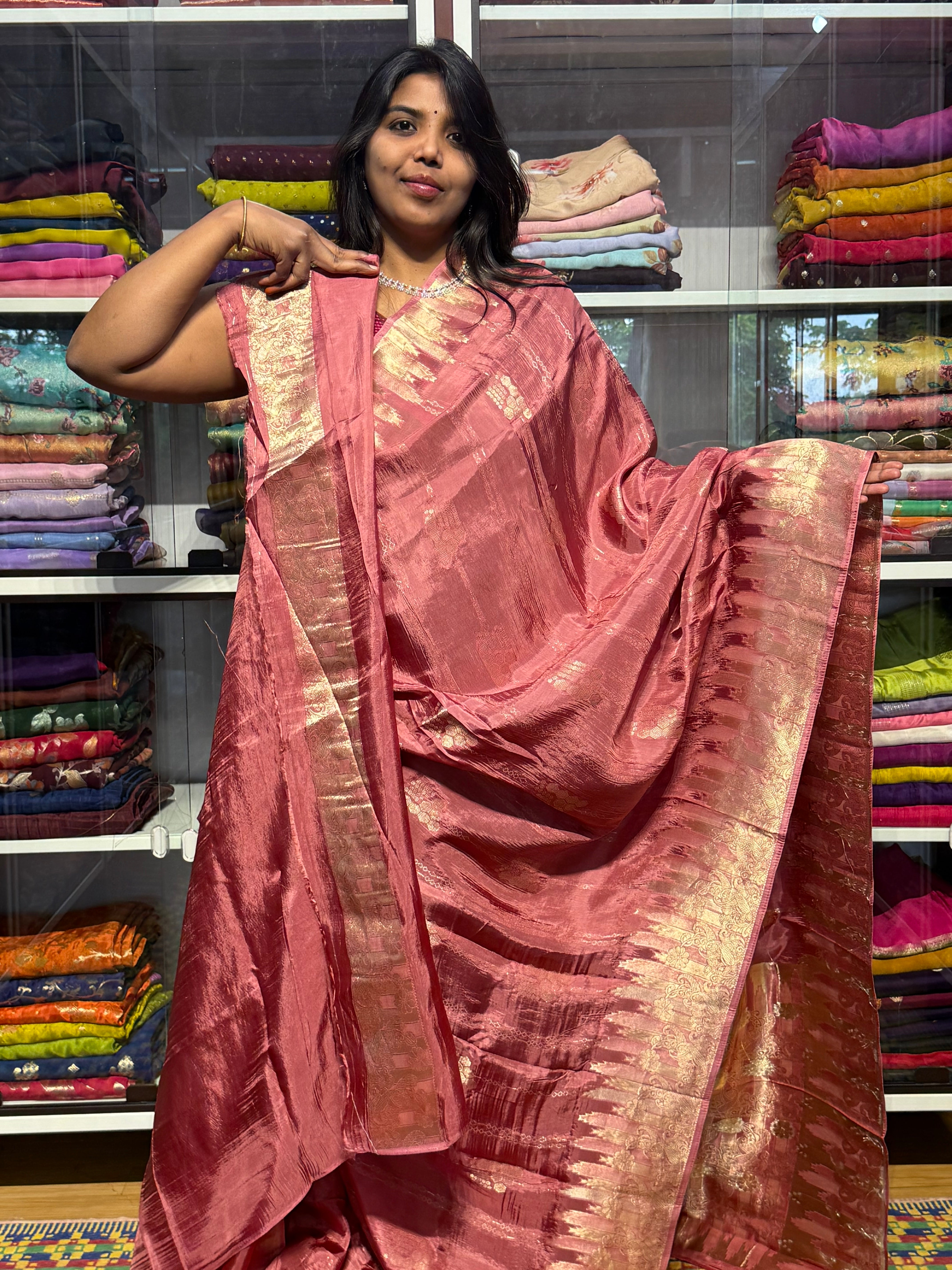 CHINON SILK SAREES WITH TEMPLE BORDER: ONION PINK