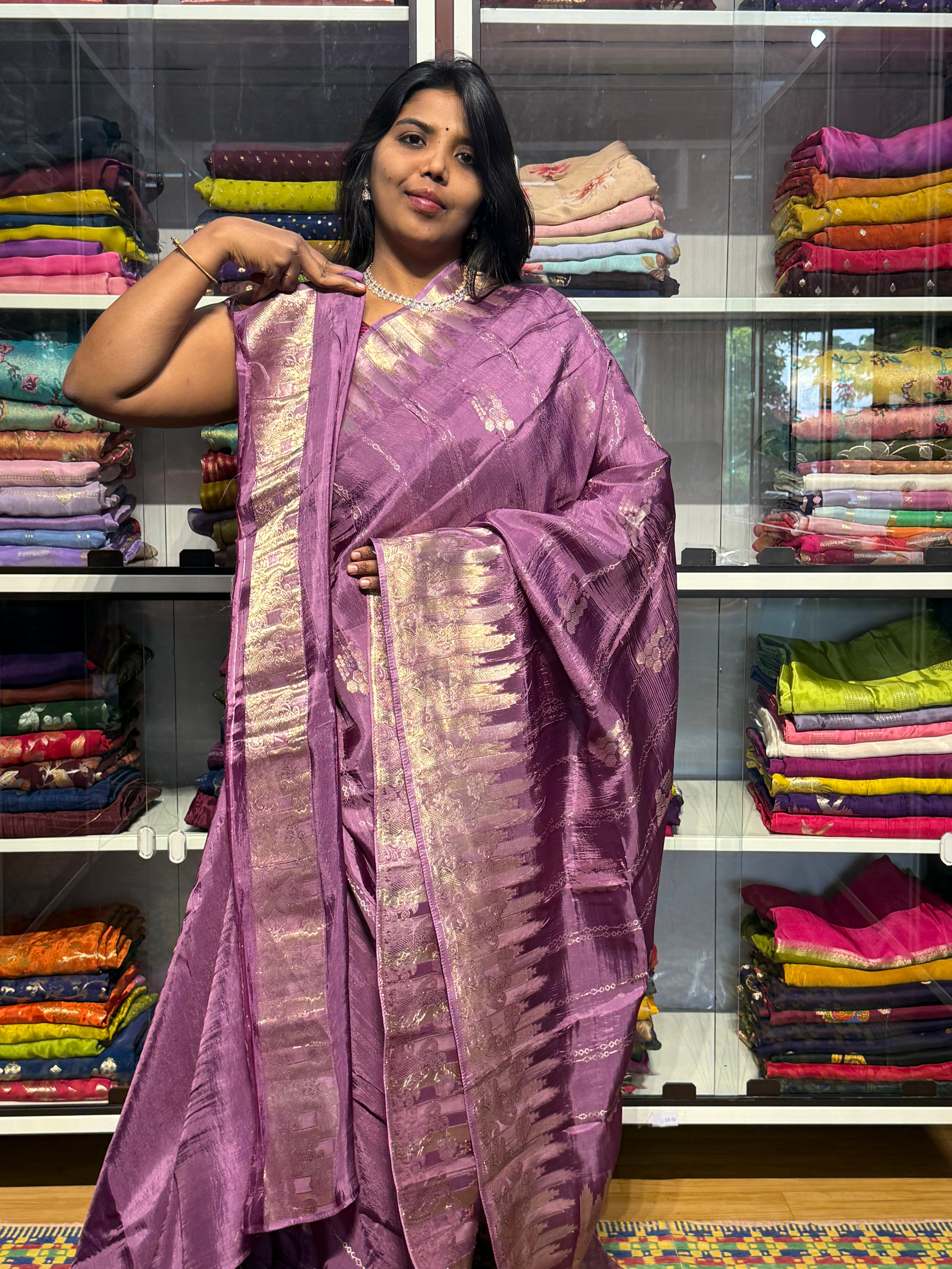 CHINON SILK SAREES WITH TEMPLE BORDER: LAVENDER