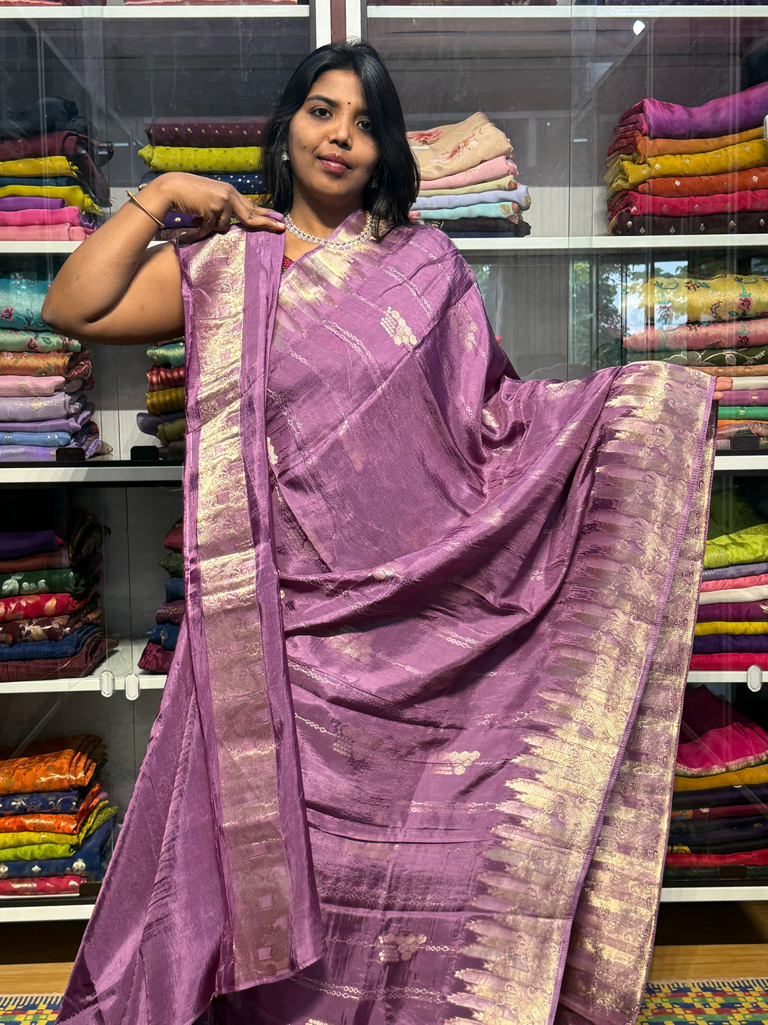 CHINON SILK SAREES WITH TEMPLE BORDER: LAVENDER